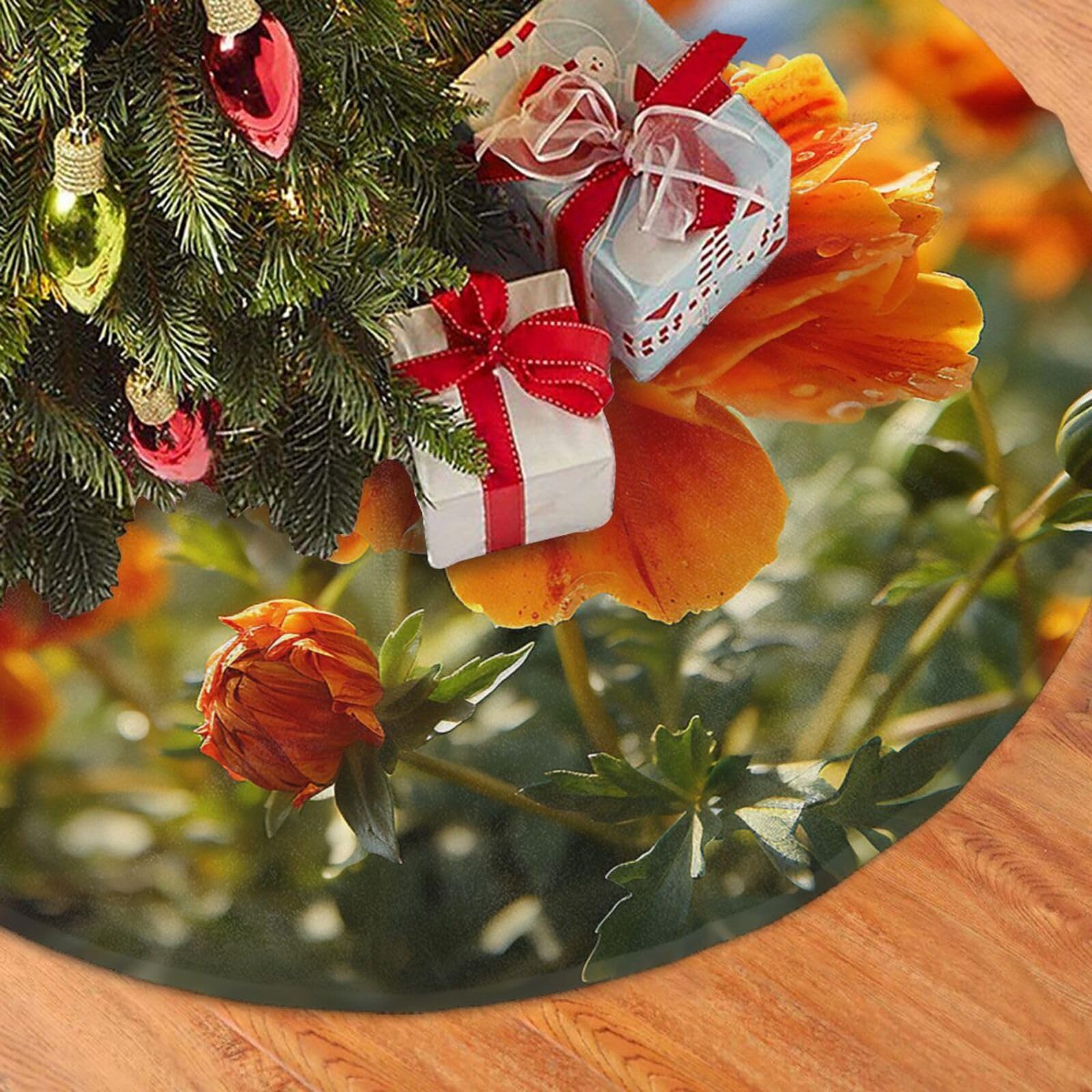 Fodpand Black Marigold Flower Autumn Flowers Christmas Tree Skirt 36" Velvet Xmas Tree Skirt Mat Rustic Christmas Tree Mat Cover Winter Xmas Tree Collar For Indoor Outdoor Christmas Decorations