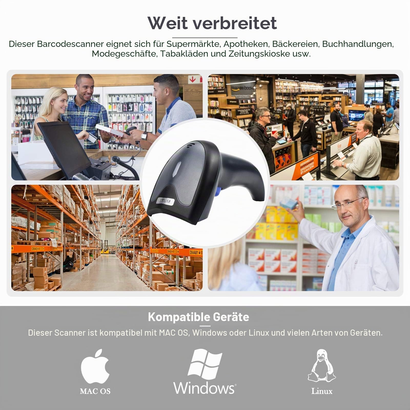 NETUM Kabelgebundener 2D QR Barcode-Scanner - Handheld Automatischer Omnidirektionaler Barcode-Leser/Imager (QR, PDF417, GS1 Data Matrix) mit USB-Kabel W9