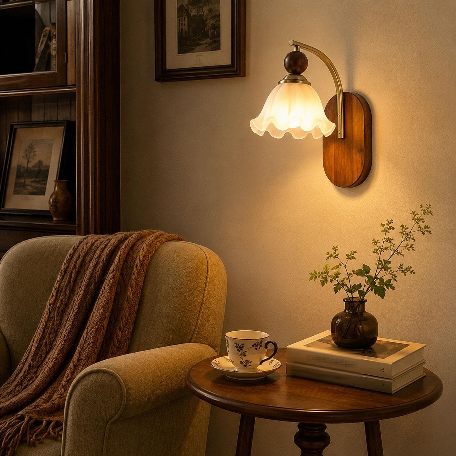 Owalna drewniana płytka lampa ścienna, szklany klosz kwiat, E27