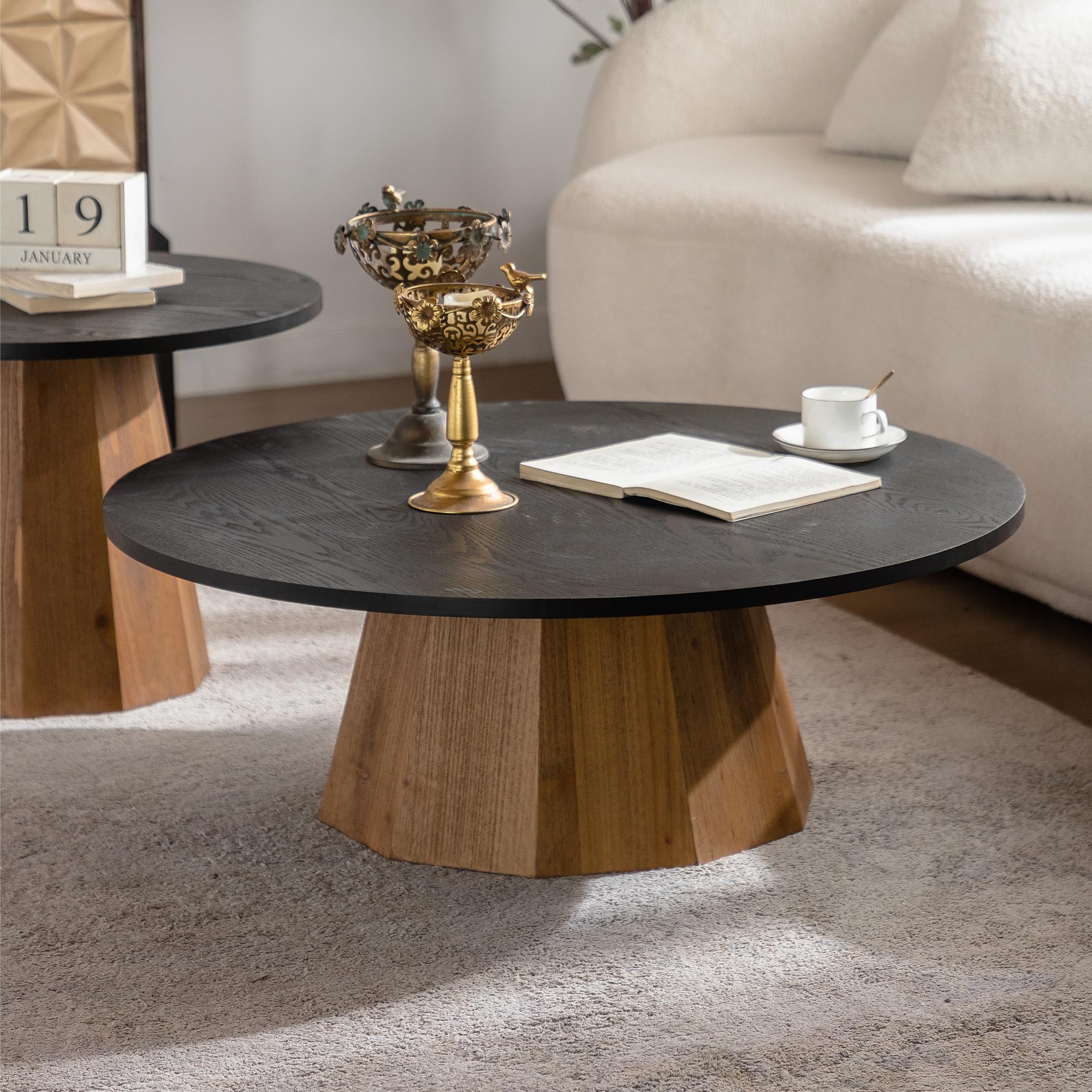 GDFStudio Mid Century Modern Round Coffee Table, Tree Design Circle Coffee Table for Living Room Office Apartment, Small Tea Tables with Pedestal,