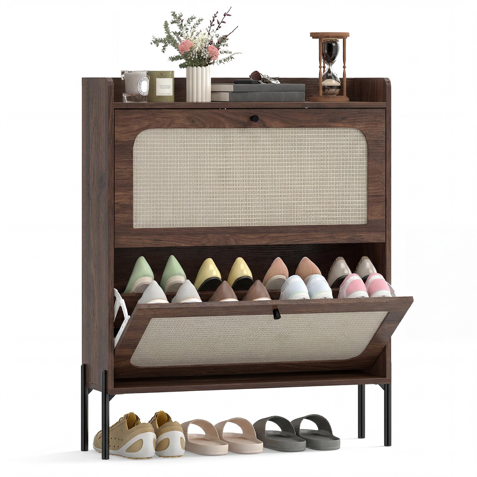 HOMCOM Shoe Cabinet - Narrow Storage - 2 Flip Drawers - Dark Brown
