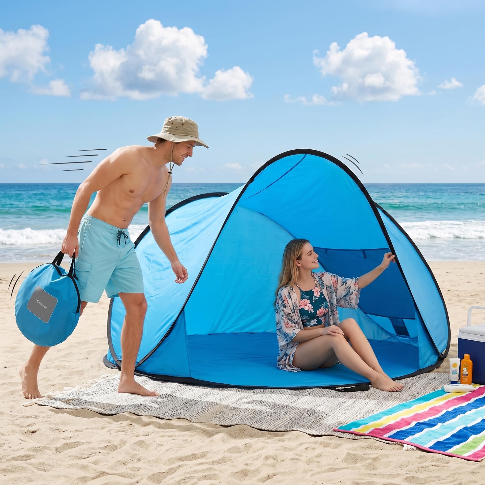 Tente de Plage portative, abri Solaire de Tente Plage portative Pliable, Pare-Soleil léger à Ouverture Automatique pour l'extérieur, Bleu