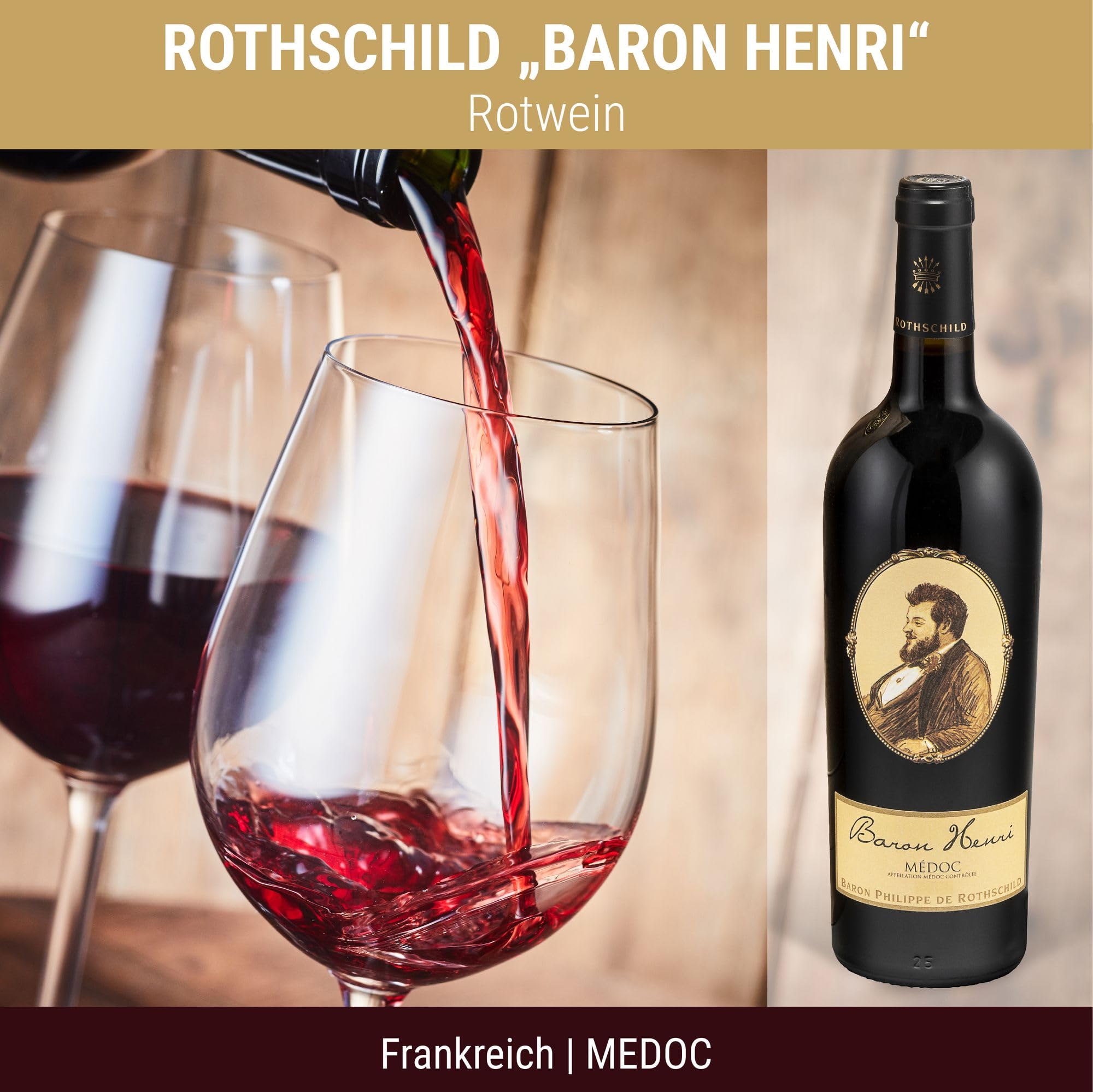 Das perfekte Weingeschenk: Baron Philippe de Rothschild 'Baron Henri' A.O.C. Medoc (0.75 l) in edler Vintage-Holzbox-, Bordeaux in Holzkiste aus Frankreich für Kenner und Experten