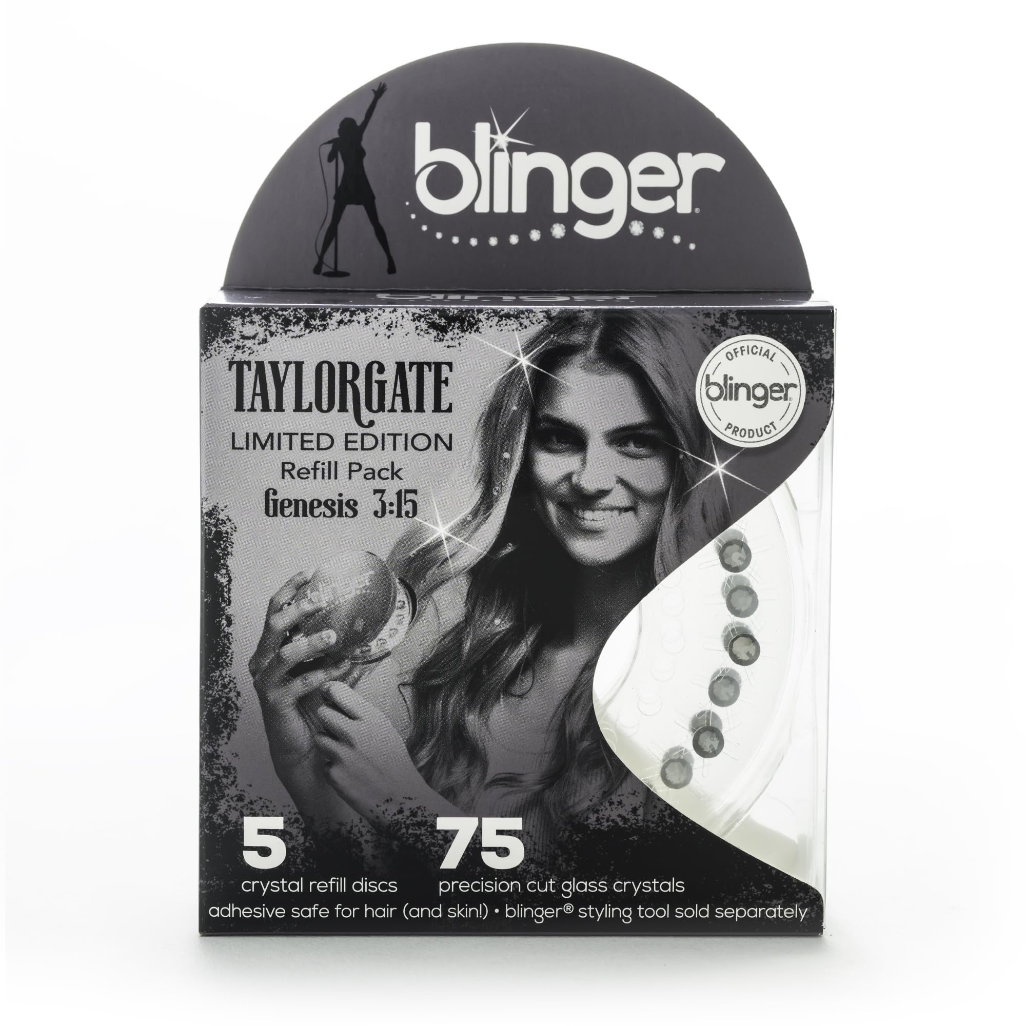 blingerLimited Edition Refill Pack - Genesis 3:15 | 75 Precision-Cut Glass Crystals (5 Discs) | Hair Safe - Bling In, Brush Out | blinger® Styling Tool Not Included | Grey Diamond 5 MM