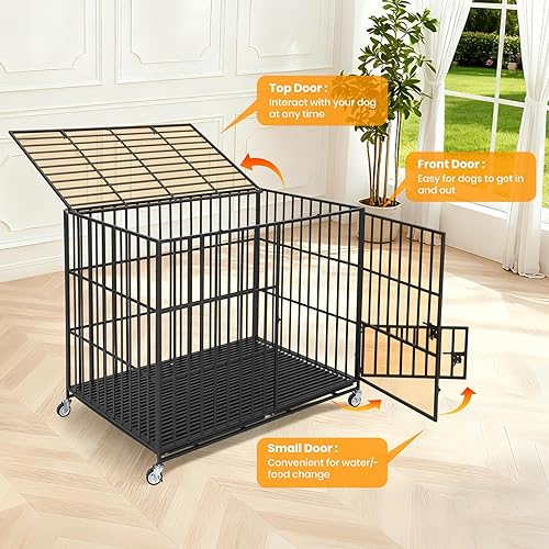 Miniatura 2 de Jaula para perros de 54 pulgadas con ruedas, resistente a prueba de escape, con 3 puertas y bandeja extraíble para perros grandes y medianos, color