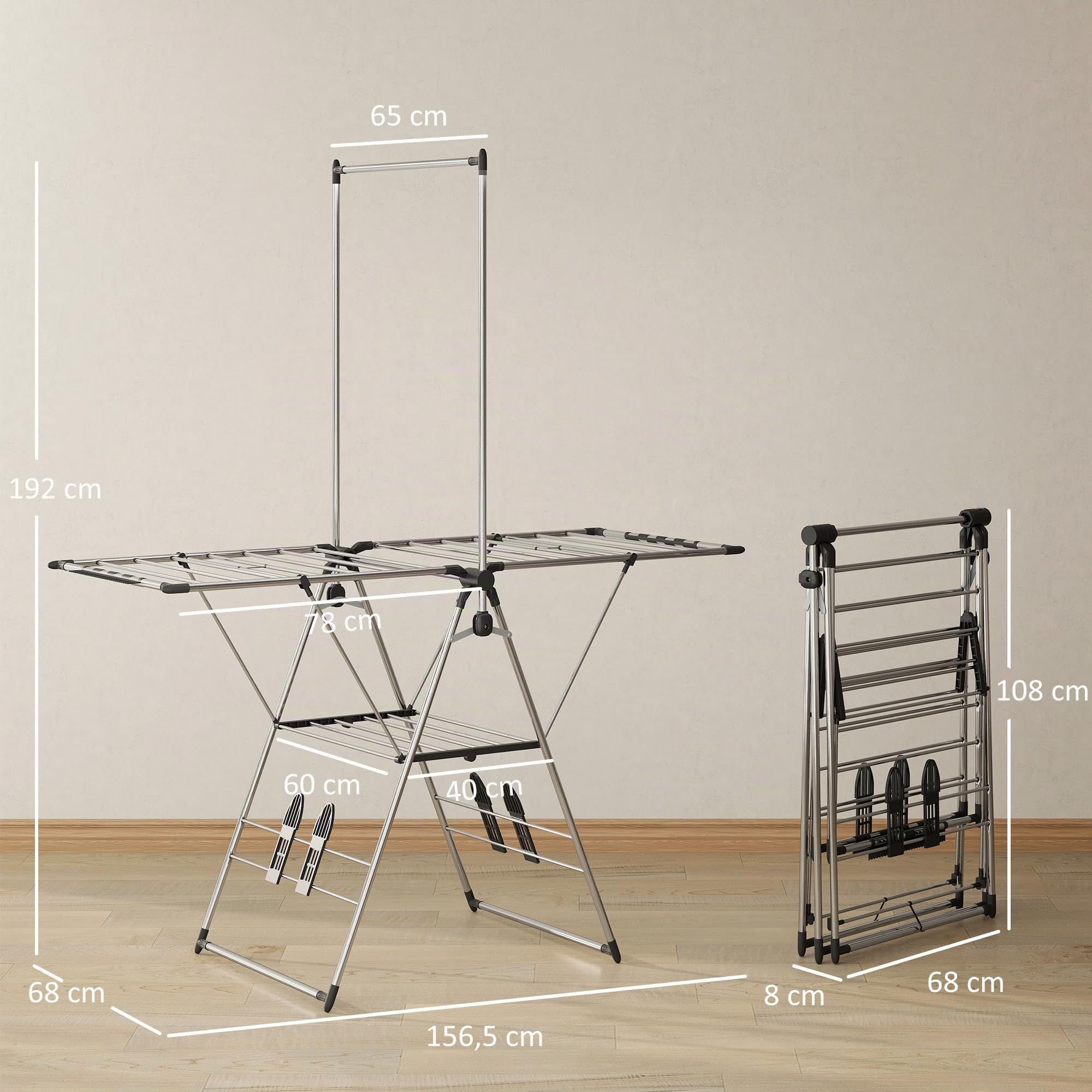 HOMCOM Wäscheständer Turm Faltbar 2 Ebenen 156,5x68x192cm Silber | Verstellbare Flügel, Schuhhalter, Standtrockner, Flügelwäscheständer, Wäschetrockner, Edelstahl, für Innen- und Außenbereich