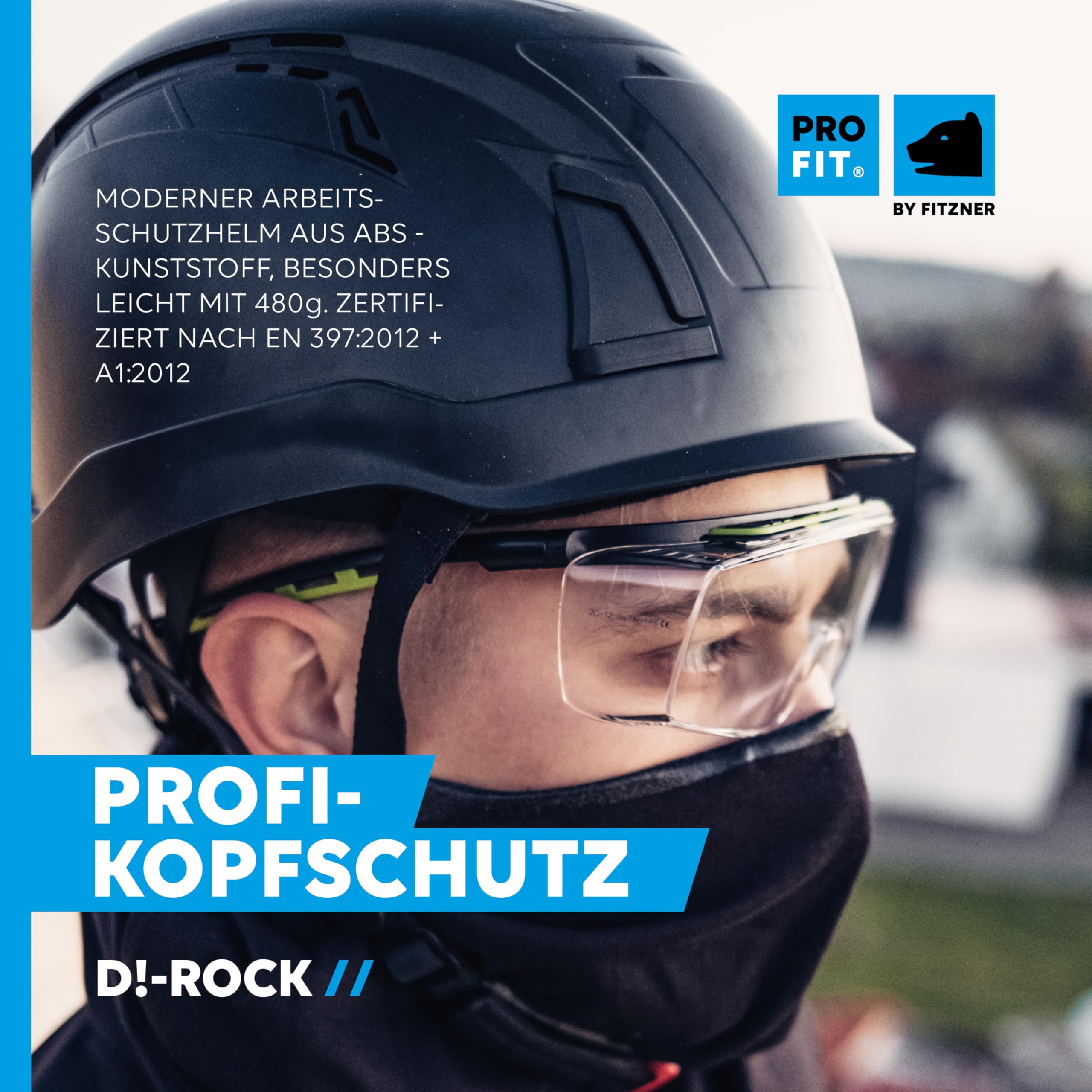 PRO FIT Arbeitsschutzhelm D!-Rock - Belüfteter Bauhelm mit Drehrad - 53-56 cm Kopfband - 30 mm Stecktaschenhalterung - Für die Baustelle