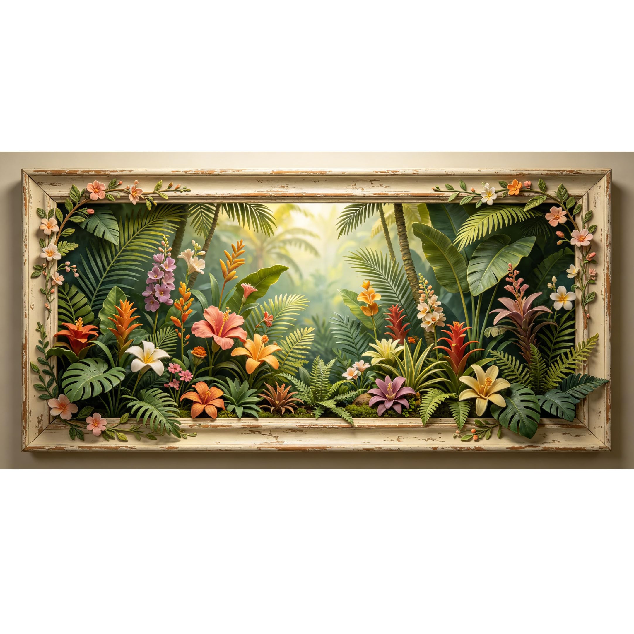 Agglomerix 3D Framed Wall Art Tropical Botanical Palm Leaves Hibiscus Exotic Flowers Relief Effect Large Size SelfAdhesive Removable Wall Decor Prints Artwork for Living Room Bedroom Office