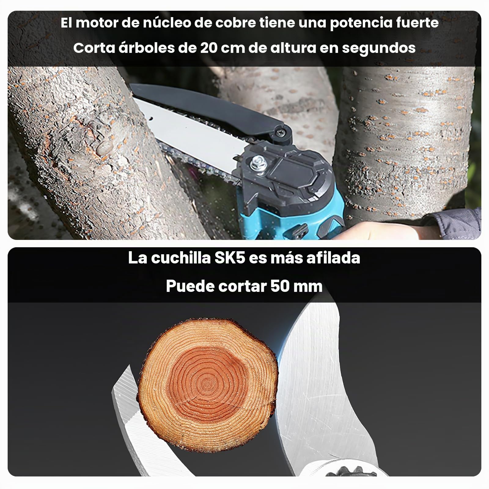 Motosierra Telescopica 6 Pulgadas,Tijeras De Podar Eléctricas,4 En 1 Kit De Herramientas Con 2 * 7500 Mah Baterías,Adecuado Para Podar Ramas,600W (Tijeras de podar + pértiga extensible+Motosierra)