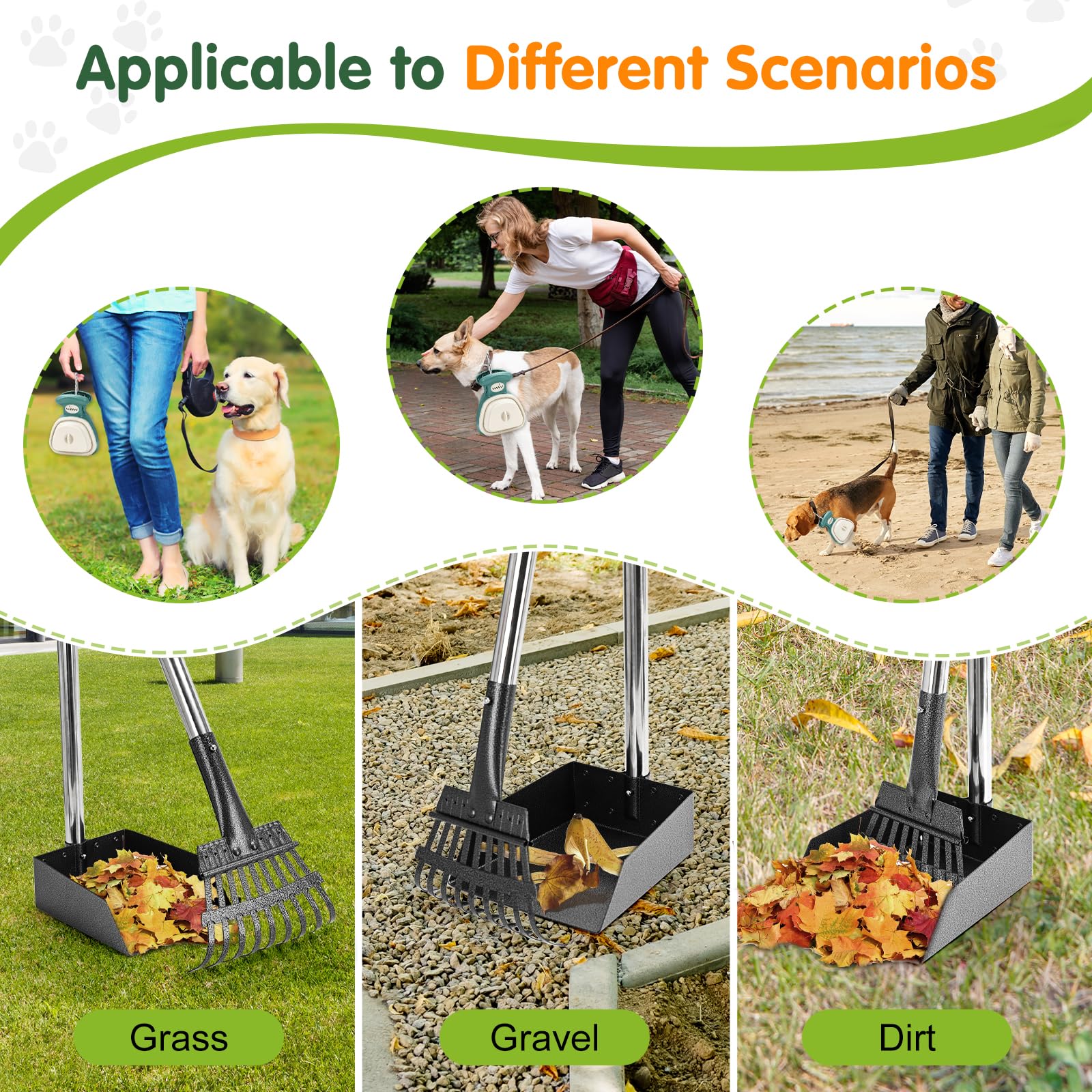 lychee Plateau et râteau en métal inoxydable robuste pour chiens de petite et moyenne taille - Longue poignée réglable - Antirouille - Avec attache pour sac et clip pour laisse