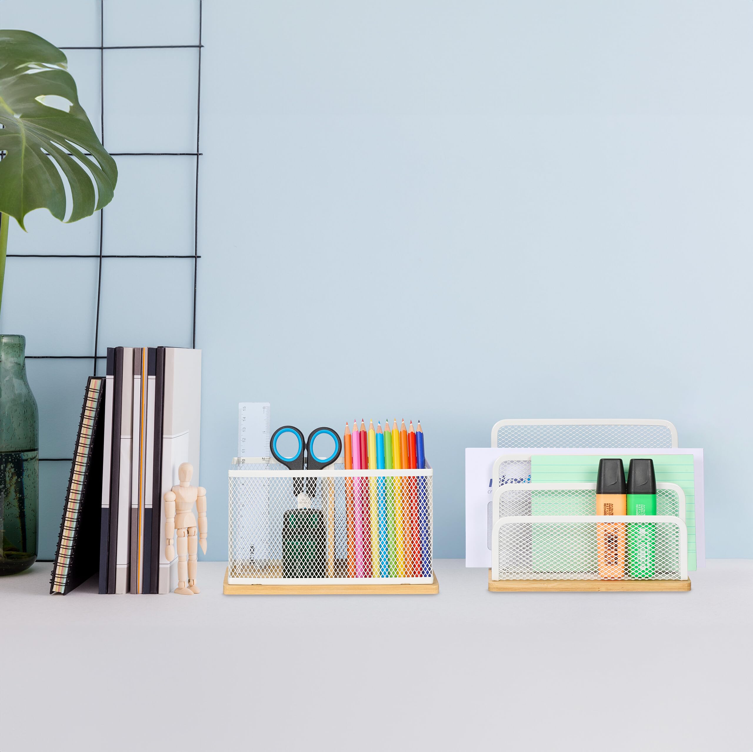Relaxdays Desk Organiser, Set including 2 Pieces, Letter Stand & Pen Holder, for Office Metal and Bamboo, White/Natural - Image 2