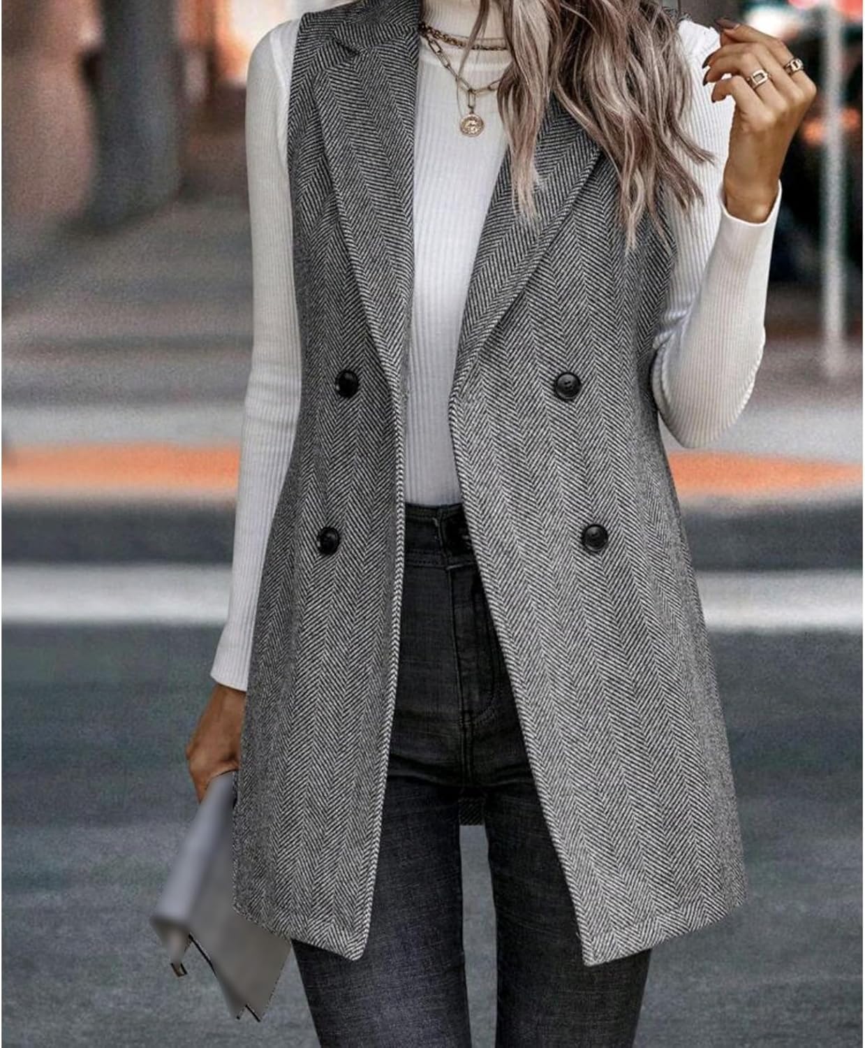 SEMATOMALA Wool Blend Long Vest for Women Sleeveless Tweed Blazer Jacket Longline Cardigan Outerwear - Image 3