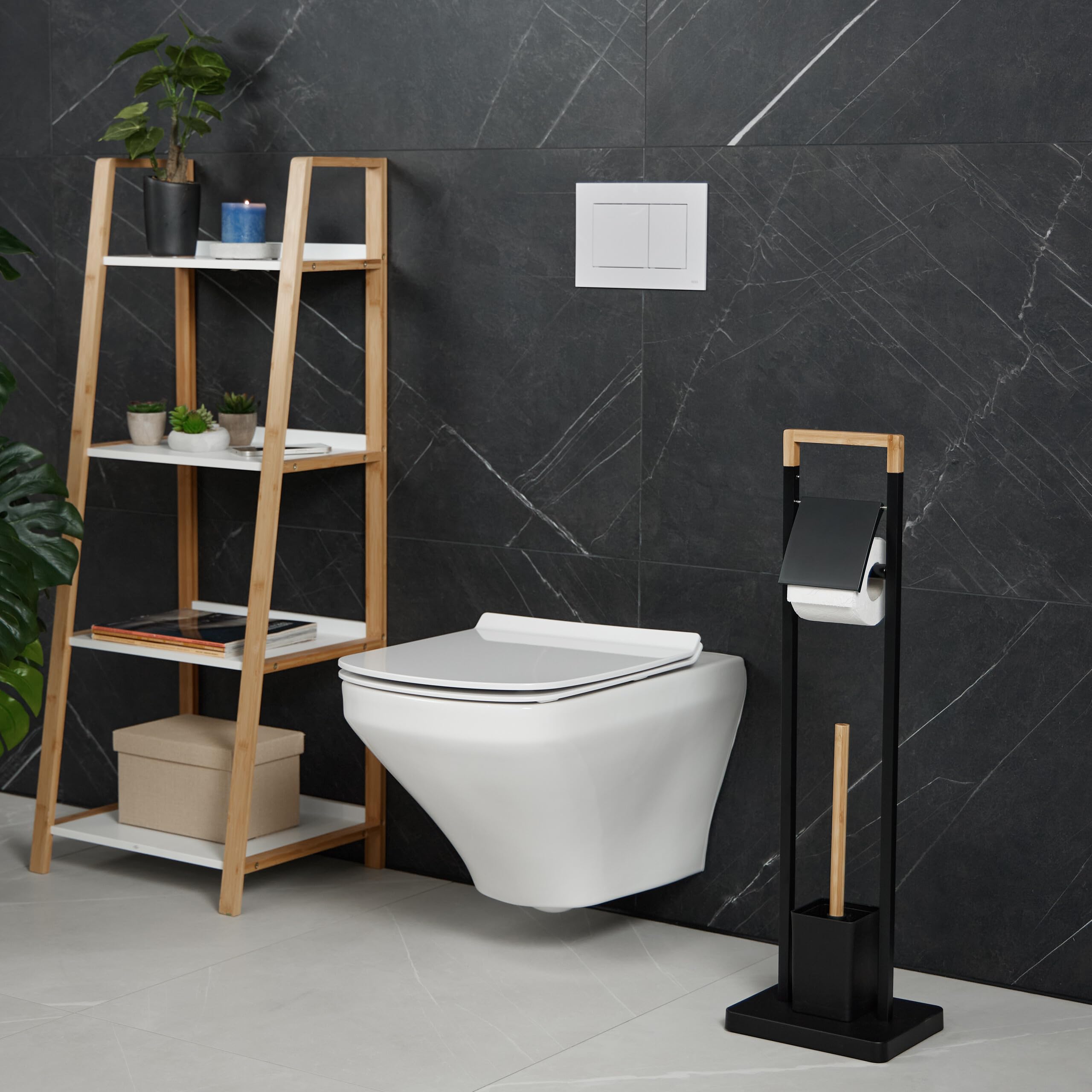 Relaxdays Zestaw do WC, bambus, stal nierdzewna, stojący uchwyt na papier toaletowy, szczotka toaletowa z uchwytem na szczotkę, czarny/naturalny