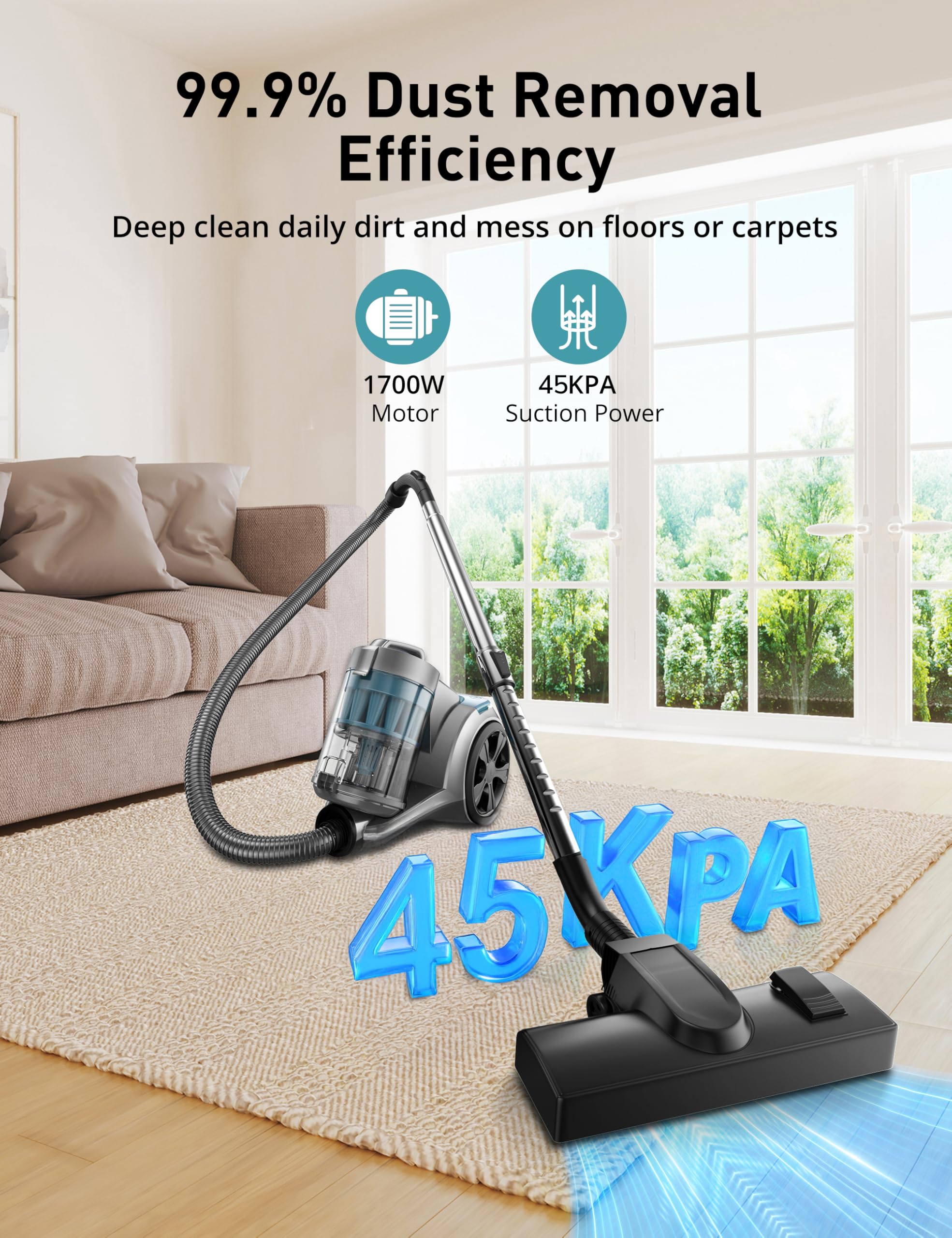 Aspiron 1700W Canister Vacuum Cleaner, 45Kpa Bagless Vacuum Cleaner, Multi-Cyclonic Filtration, 2 Anti-Allergen HEPA Filters, 3.5QT Dust Cup, 4 Tools, Corded Vacuum for Hard Floor, Pet Hair, Cerulean - 3