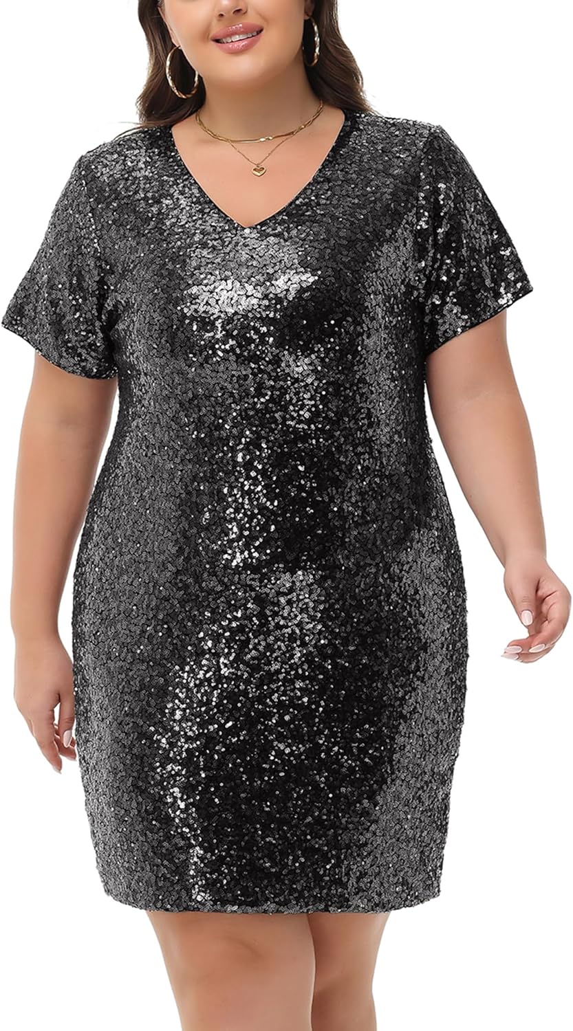 Anna-Kaci Women's Plus Size Short Sleeve Sequin Dresses V Neck T Shirt Shift Sparkle Dress