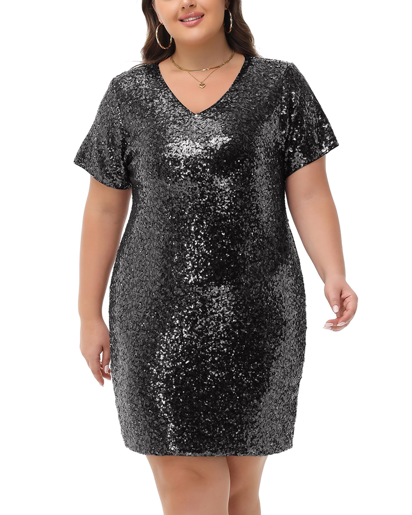 Anna Kaci Womens Plus Size Short Sleeve Sequin Dresses V