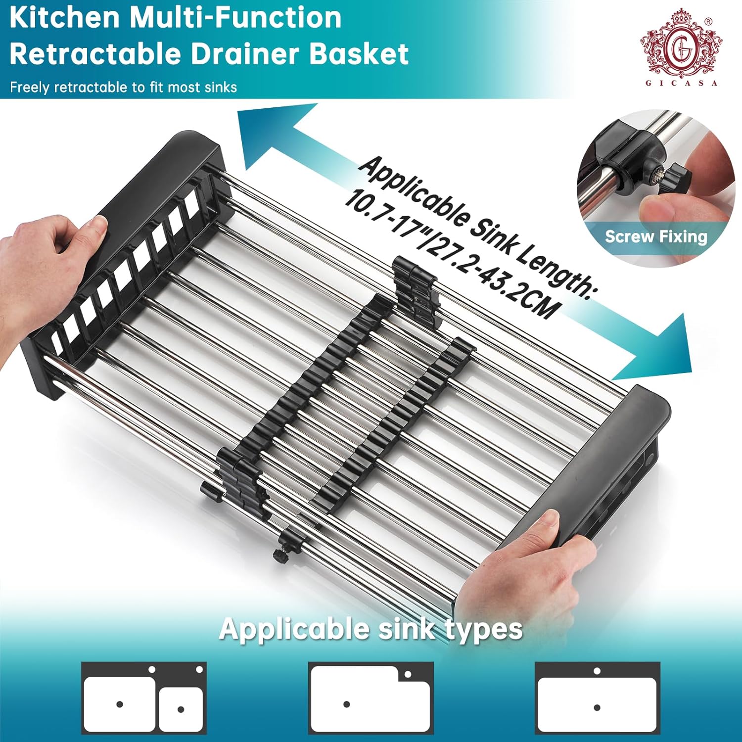 Kitchen Multi-Function Retractable Sink Dish Drying Rack, Stainless Steel Drainer for 10.7"-17" Sinks, Kitchen Countertop Organizer for Dishes, Vegetables, and Fruits (Black & Small)