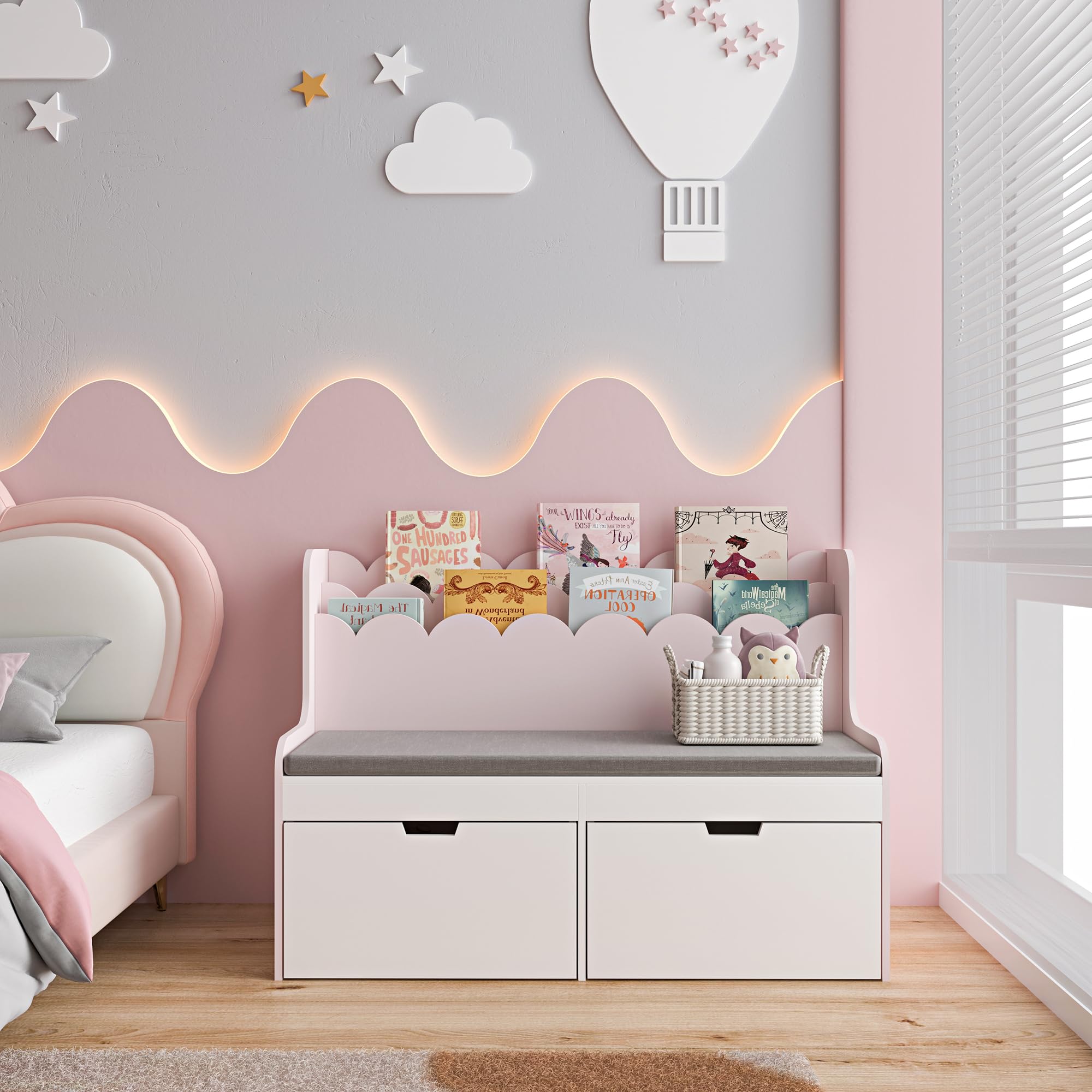 Kinder Sitzbank mit Bücherregal Vestnes 100 x 45 x 70 cm Wellendesign Cotton Candy/Weiß