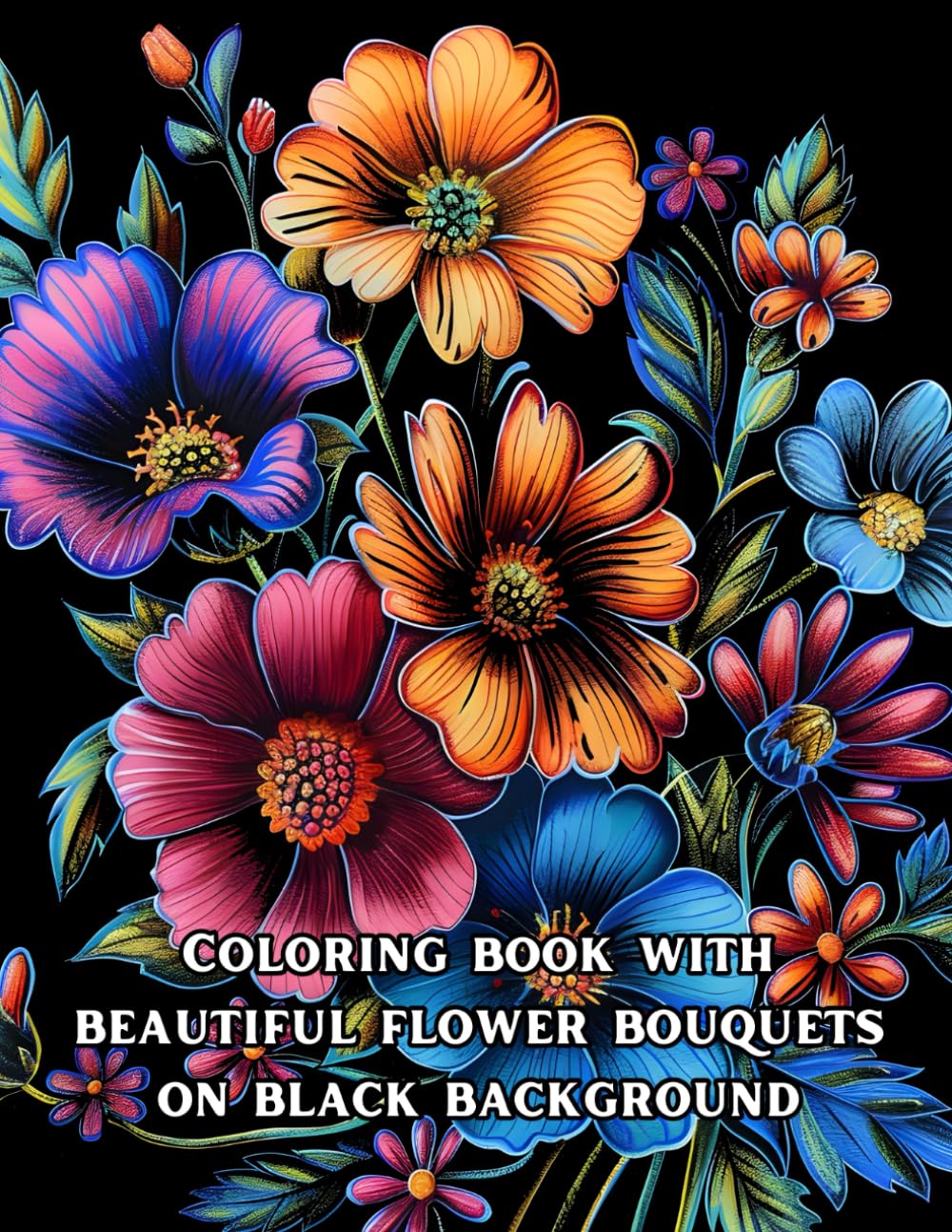 Coloring book with beautiful flower bouquets on black background.: A striking contrast with the vibrant colors of the flowers