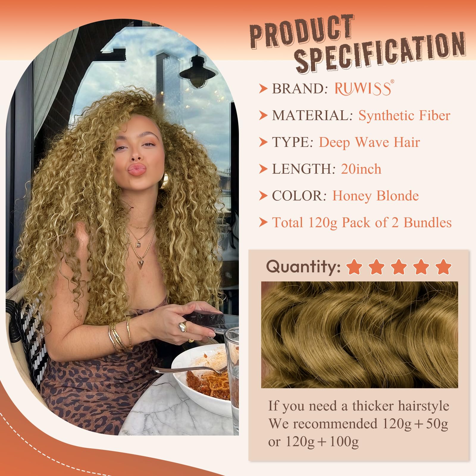 RUWISS 20 Inch Deep Wave Braiding Crochet Hair Extensions for Boho Braids Synthetic Curly Hair Extension for Black Women 2 Bundles/Pack (120g - Image 2