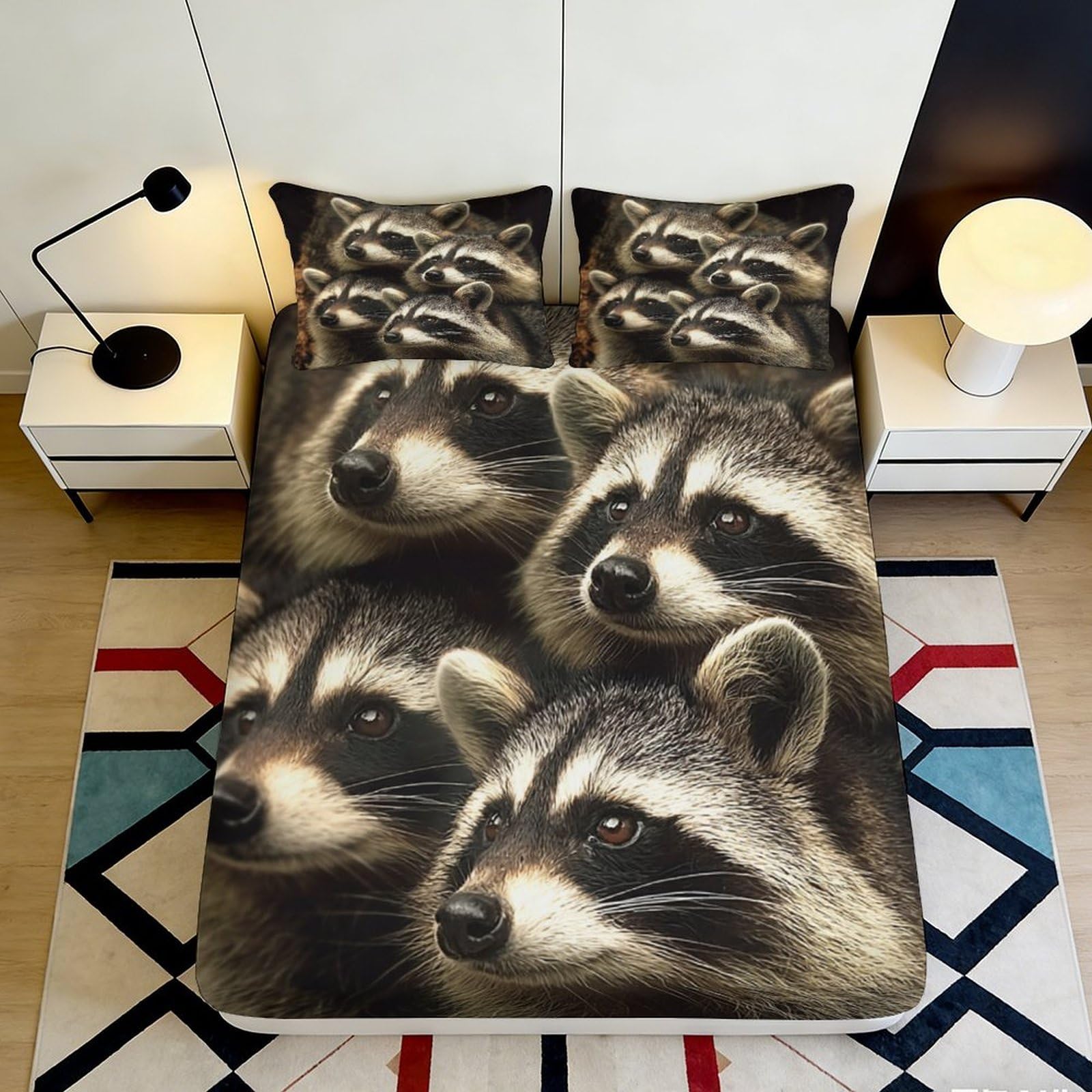 3D Printed Raccoon Forest Fitted Sheet Microfiber Soft Anti-Slip Animal Woodland Bed Cover for Bedroom Dorm Decor 90x200x25cm