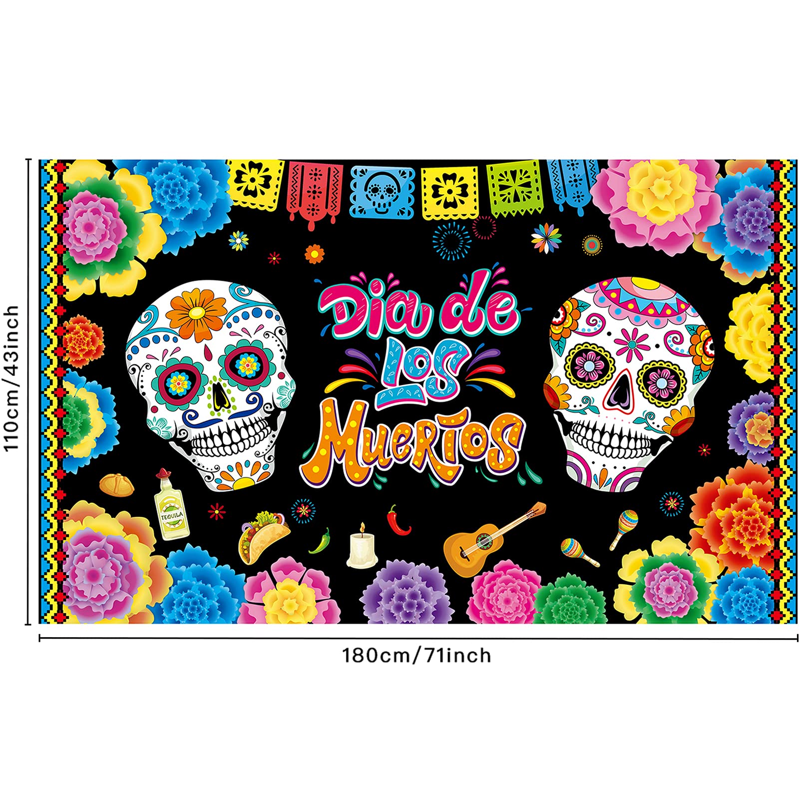 IPartycool Day Of The Dead Backdrop - Extra Large Fabric Banner For Halloween & Dia De Muertos Parties