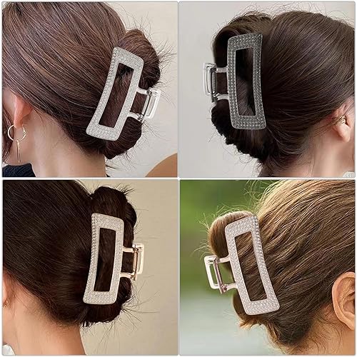 Miniatura 4 de WORTL Pinzas grandes de metal cuadradas de 3.5 pulgadas, paquete de 4 abrazaderas de pelo con diamantes de imitación para mujeres y más delgadas,
