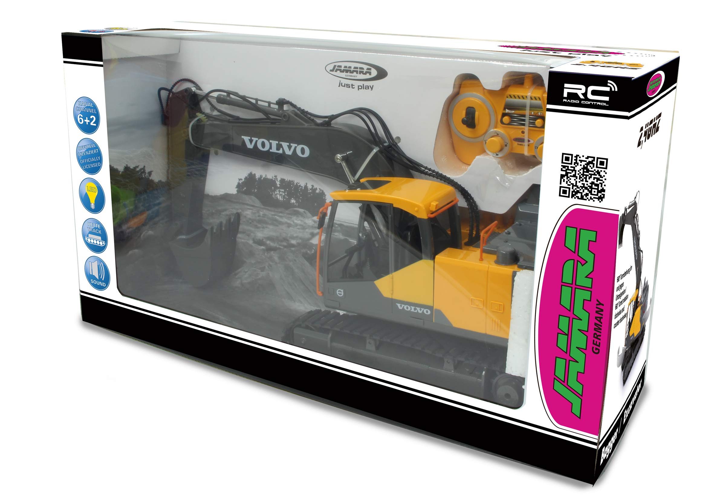 JAMARA 405055 - Excavadora Volvo EC160E 2,4 GHz - Funciones realistas, Cada articulación controlable Individualmente, Sonidos realistas, rotación de Torre de 660°, Modo de Espera automático, Amarillo