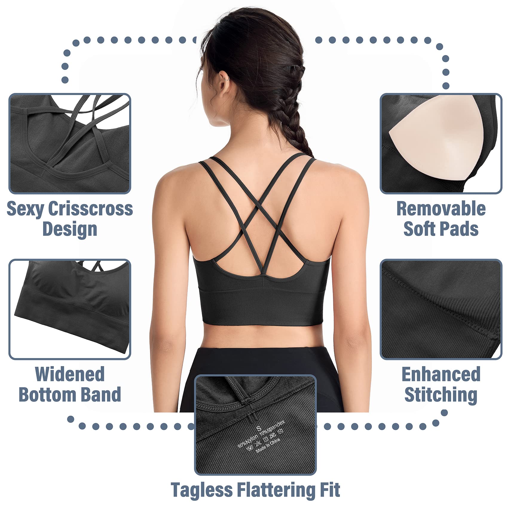 Sujetadores deportivos acolchados para mujer, con tiras cruzadas, espalda cruzada, para yoga, entrenamiento, fitness, correr, gimnasio, parte superior de bajo impacto, Paquete de 4, negro, morado,
