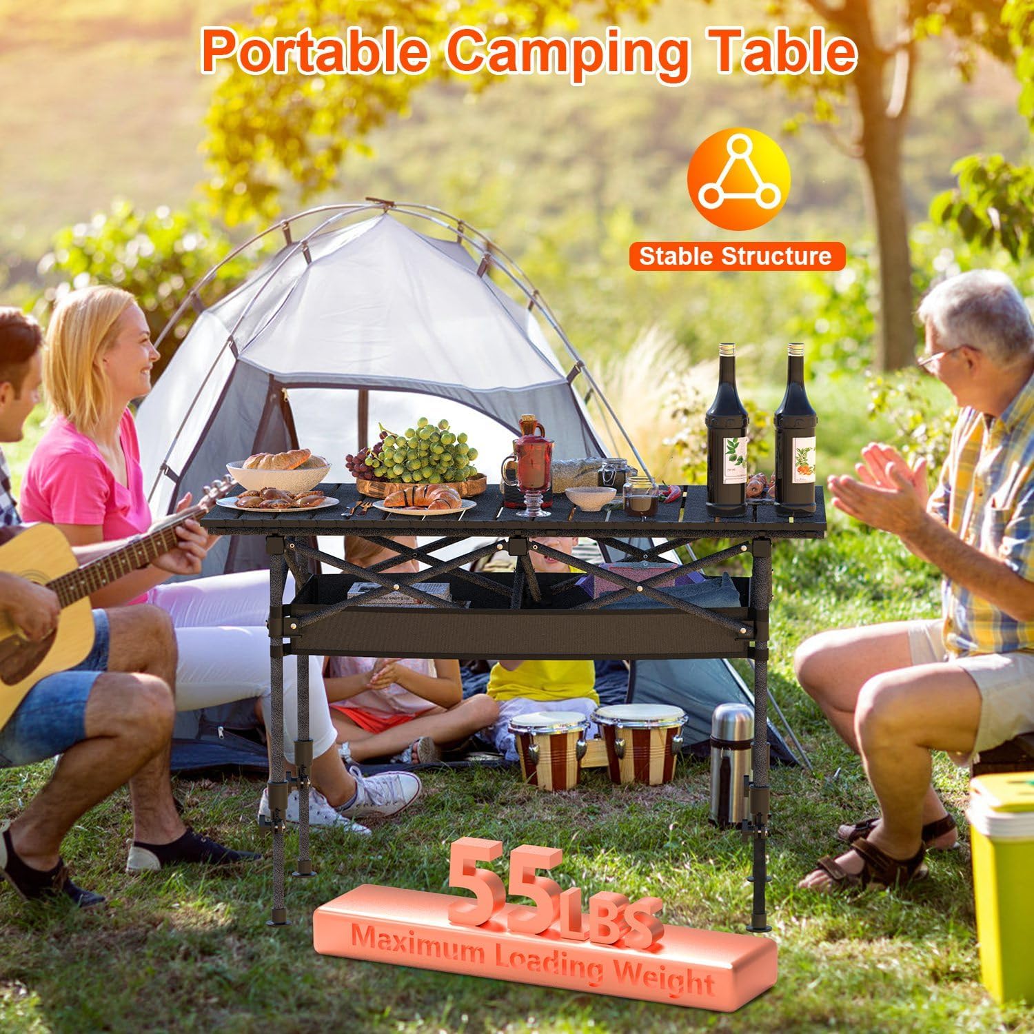 KOCASO Height Adjustable Camping Table - Portable Folding Table with Carry Bag, Rustproof Carbon Steel Collapsible Outdoor Desk for Picnic, BBQ, Hiking, Beach, 55LBS Max Load，Size S