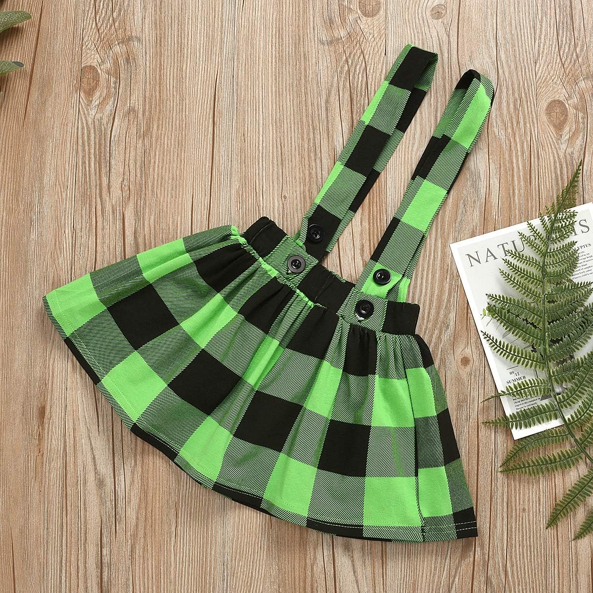 Baby Girls St.Patrick's Day Outfits Shamrock Clover Print Ruffle Short Sleeve Romper +Green Plaid Suspender Skirt Set - Image 8