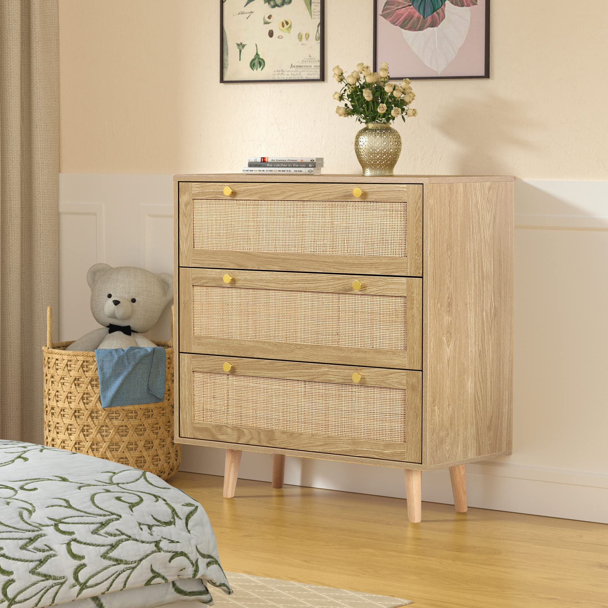 Rattan Cassettiera Camera da Letto, Comò Camera da Letto Moderno con 3 Cassetti, Gamba in Legno Massello, per Ingresso, Soggiorno, Cameretta e Corridoio 80 x 40 x 91.4 cm