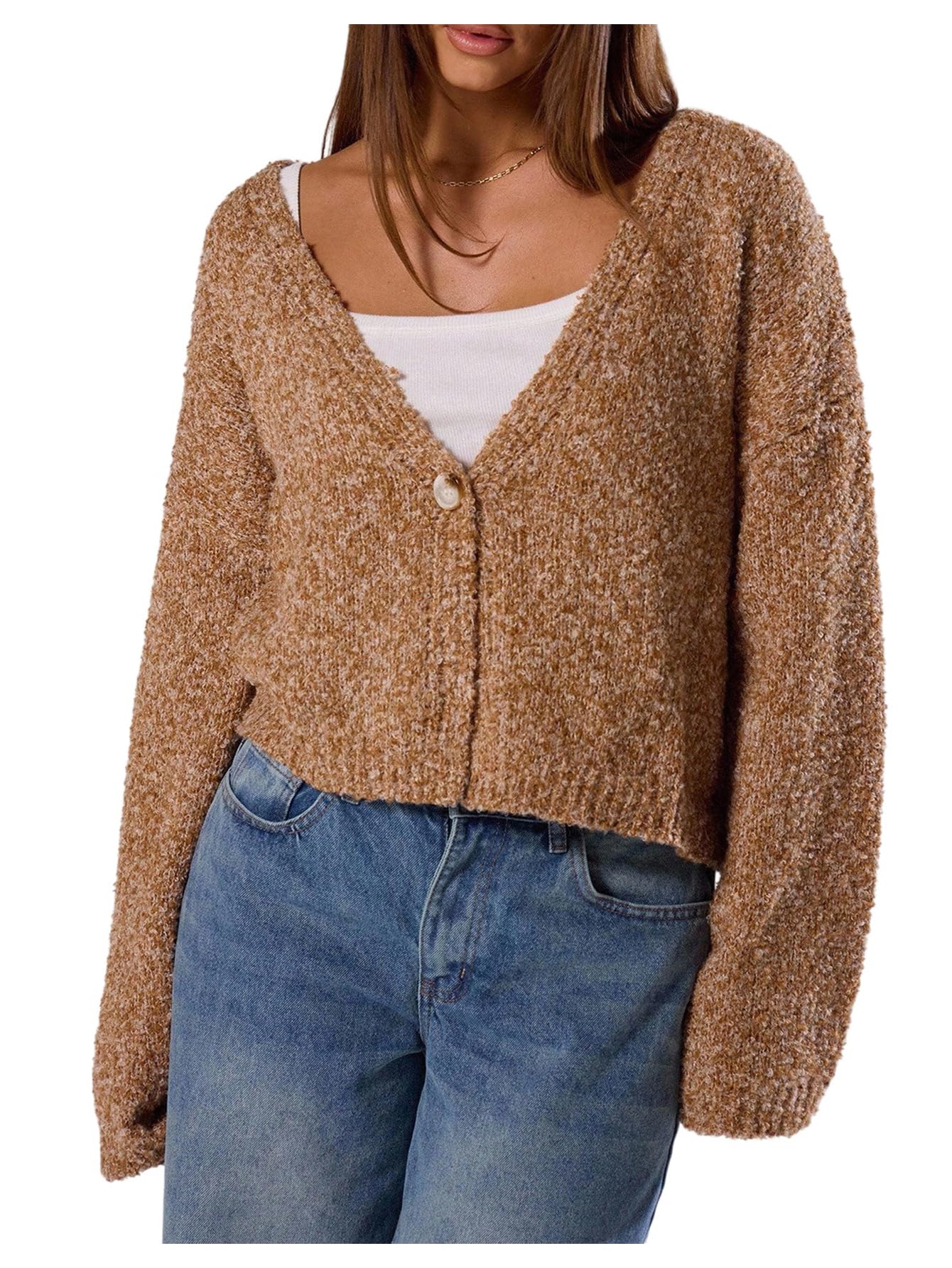 Milumia Womens Deep V Neck Fuzzy Cardigan Casual Drop Shoulder Long Sleeve Oversized Knitted Sweaters
