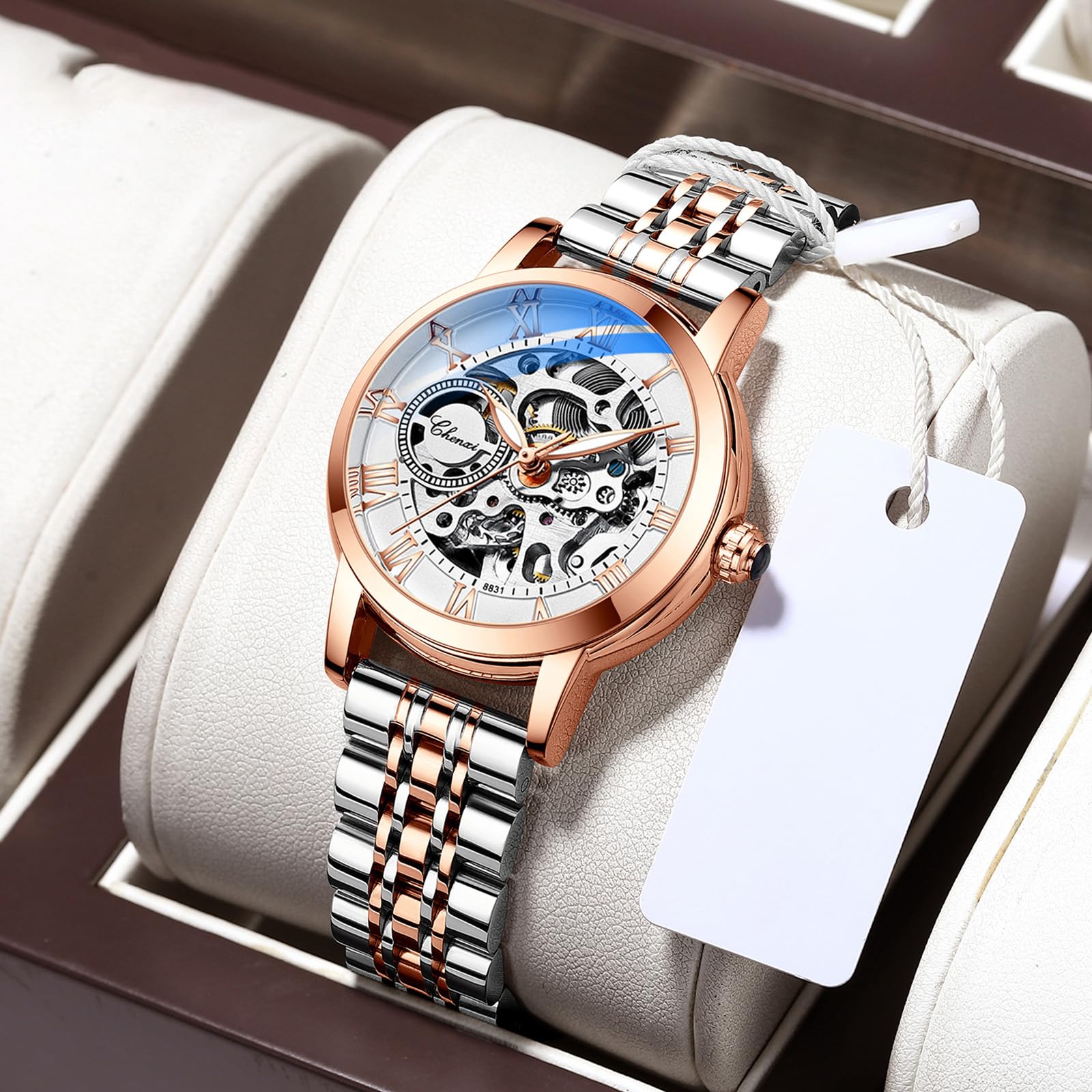 MASTOP Famale Damen Armbanduhr Saphir Automatik Steampunk Armband Gold Skelett Leder Skelett Damenuhr