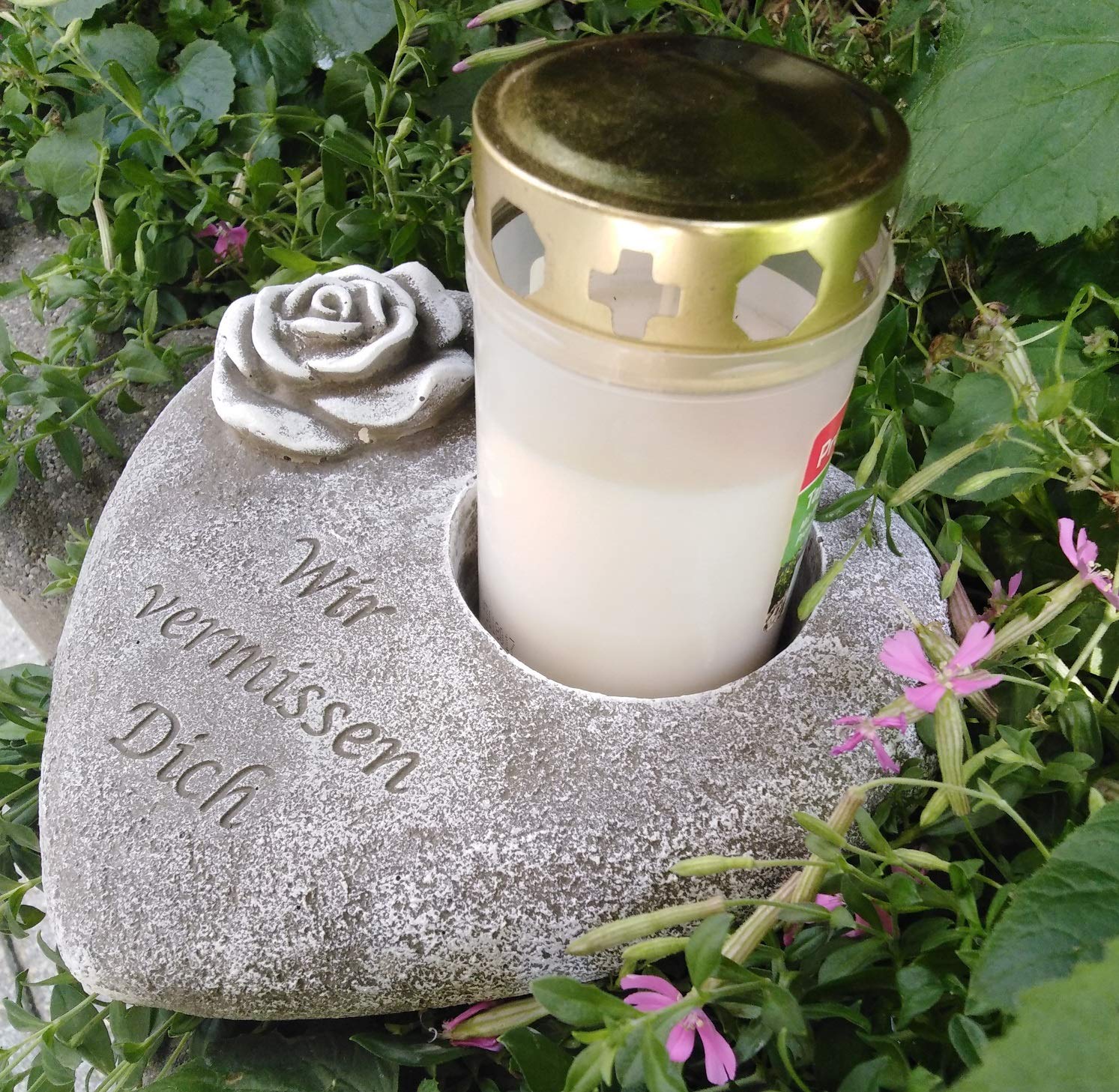 Radami Grabherz m.Rose Grabengel Spruch - Wir vermissen Dich - Grabschmuck Grabdeko Trauerherz Steinguss für Grablicht ca. 2 kg schwer