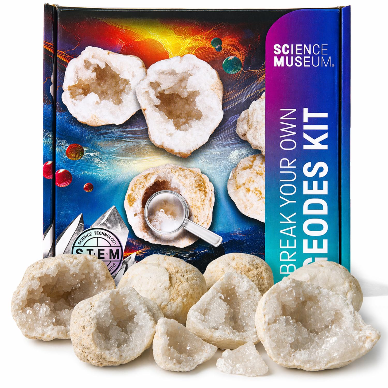 SCIENCE MUSEUM Break Your Own Geodes Kit – Hands-On STEM Geology Activity with 6 Real XLQuartz Crystal Geodes, Educational Science Set