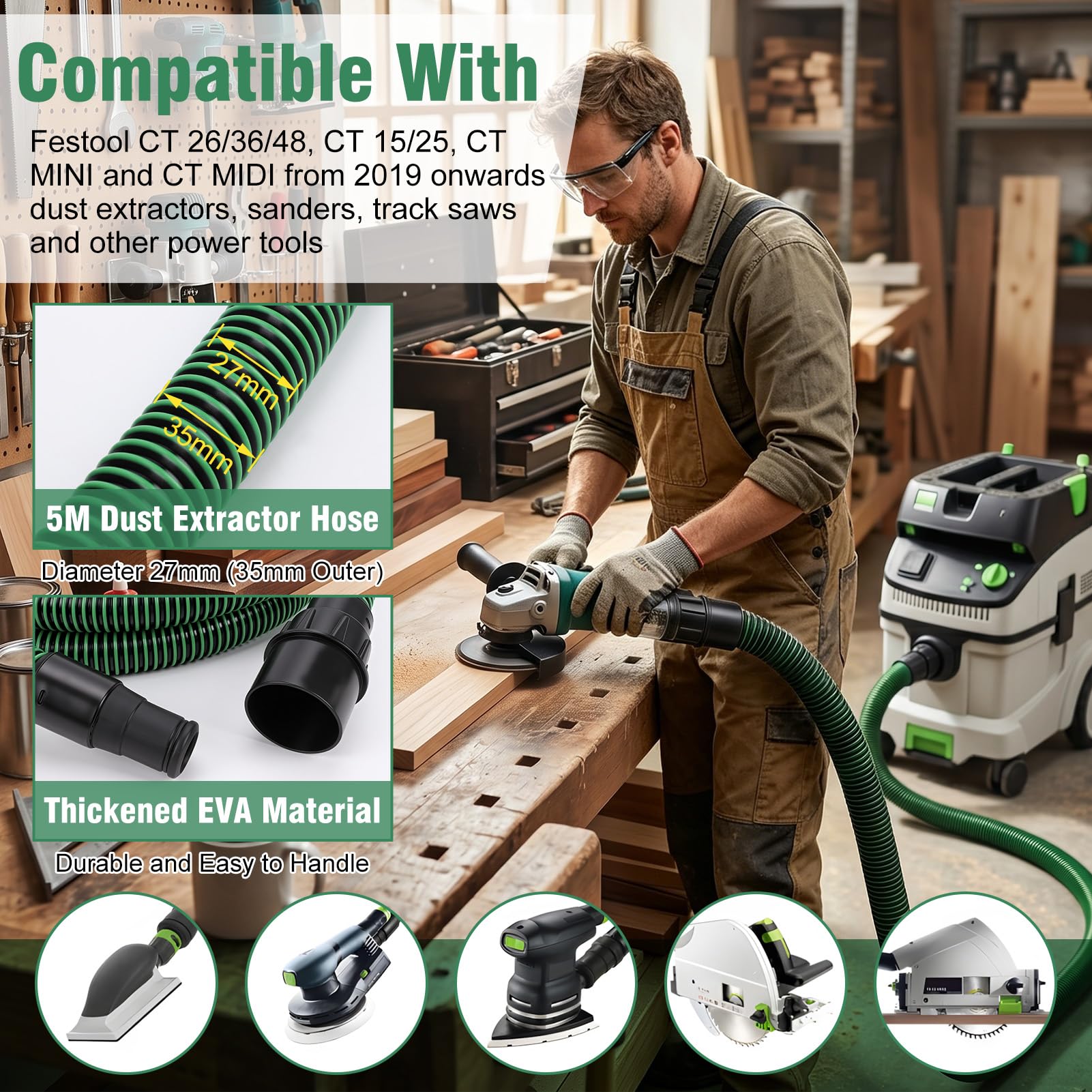 5m Staubsaugerschlauch, D27 (Ø35mm) Absaugschlauch Staubsauger Schlauch für Festool CT 26/36/48 CT 15/25 CT MINI and CT MIDI ab 2019 Staubabsaugung Saugschlauch