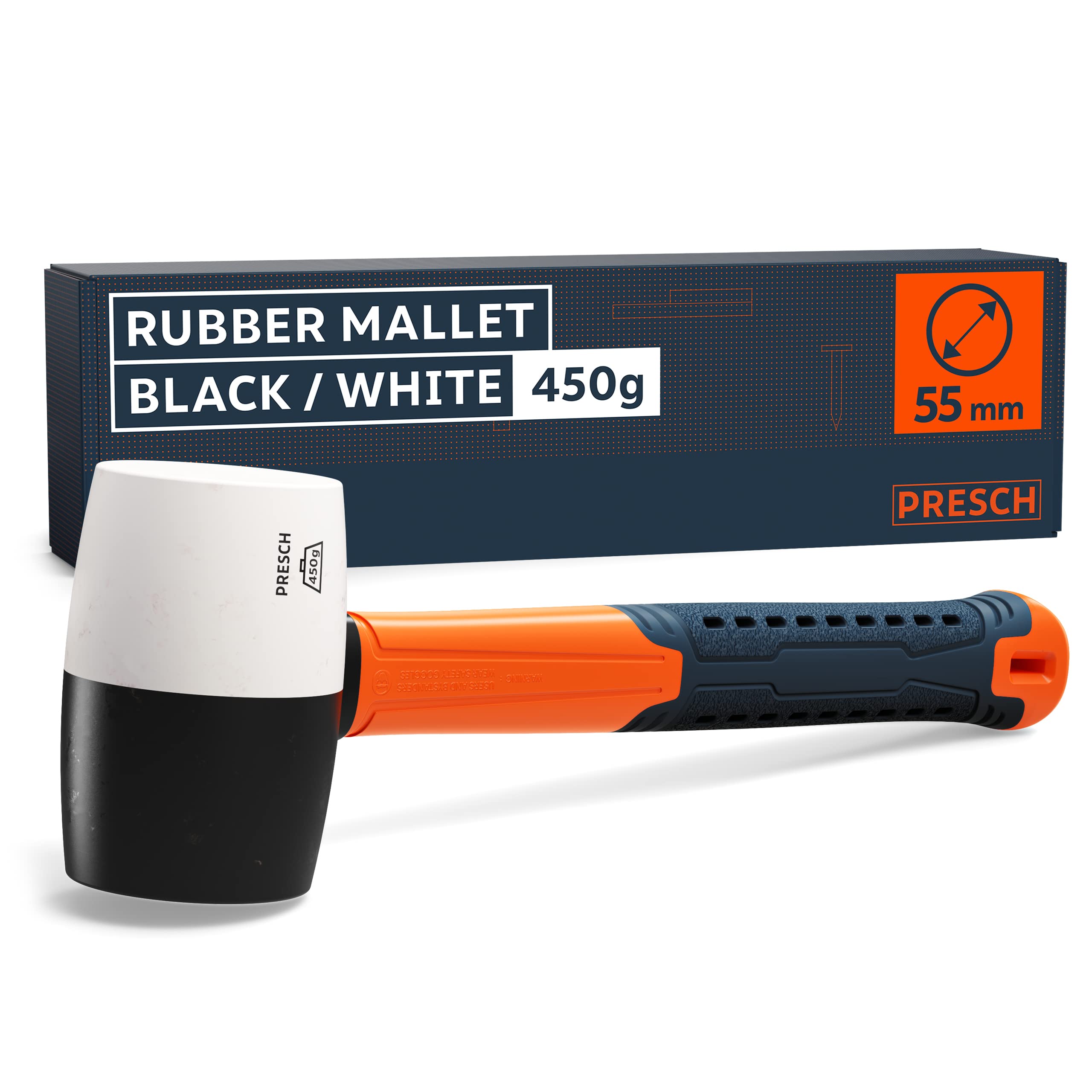 Rubber Mallet Black/White 450g - Mallet Hammer with fibreglass Handle | ⌀=55mm - with Two Sides for Indoor and Outdoor use - Durable Soft Hammer