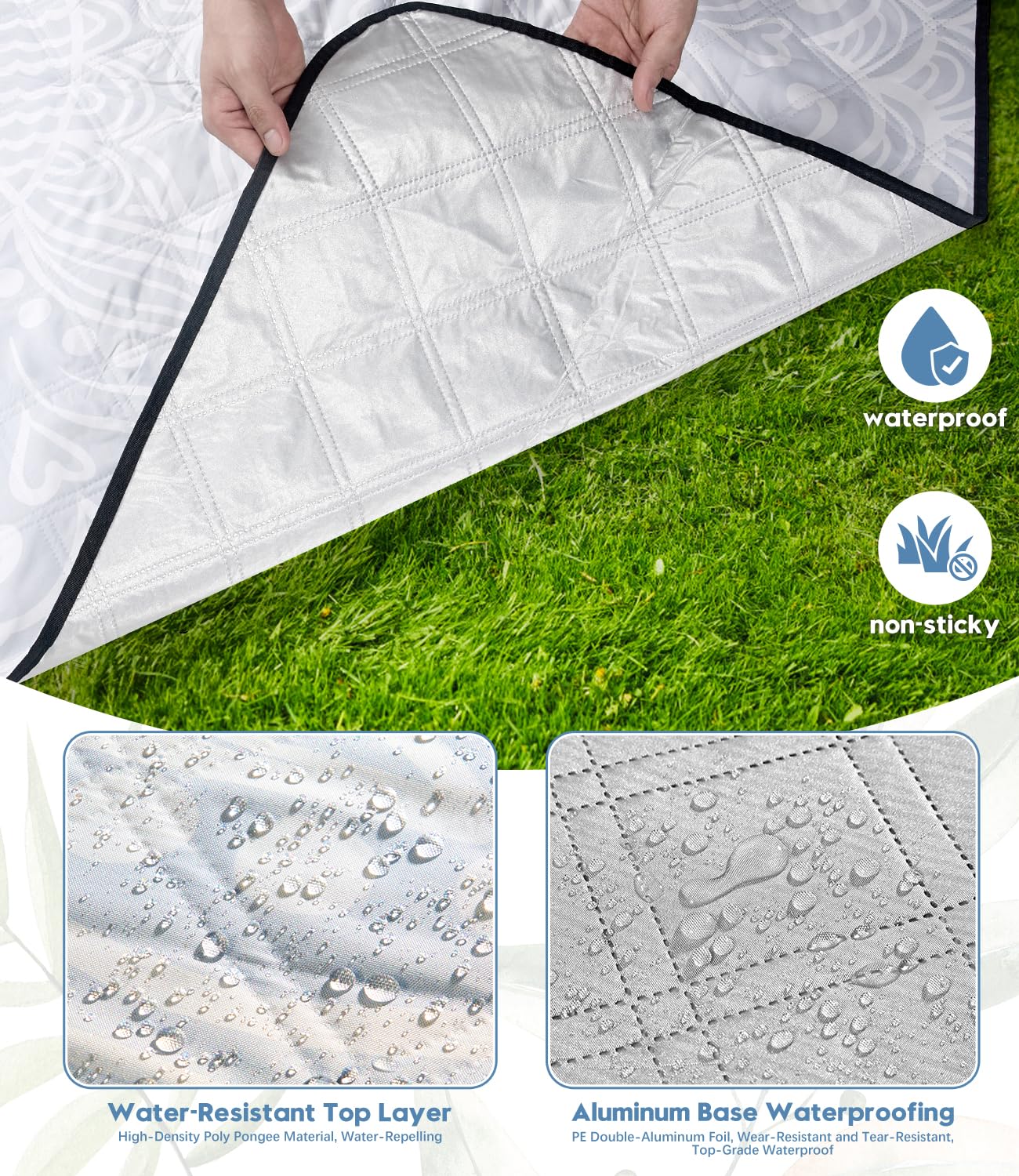 DEWUR Manta de picnic impermeable y lavable, XXL, para playa, sin arena, aislante, con parte inferior impermeable de aluminio (Gris, 200x200cm)