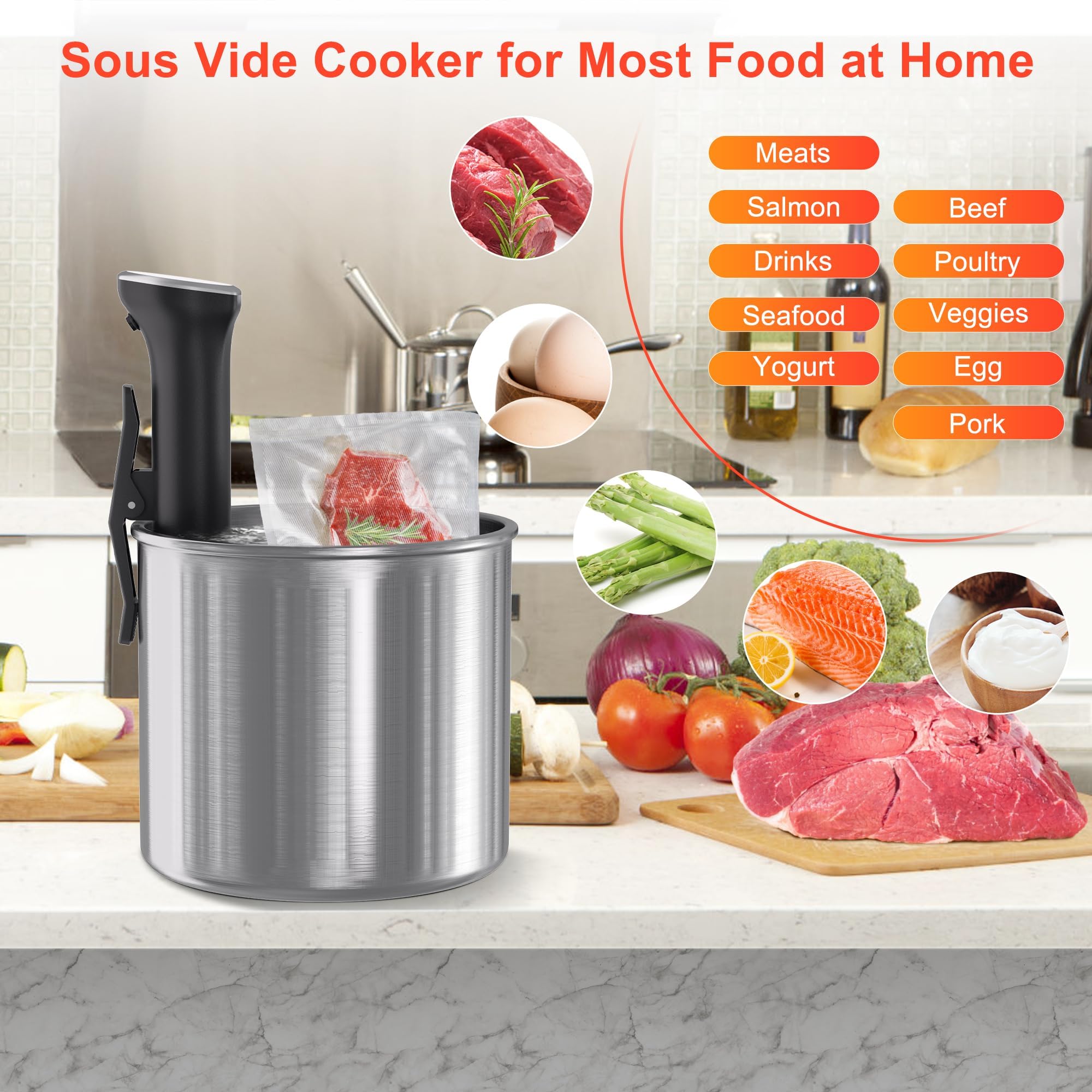 Sous-Vide Machine, 1400W Inmersión Térmica al Vacío con Control de la Temperatura, del Tiempo y Táctil, IPX7 Resistente al Agua, Pantalla LED, Cocedor al Baño María para Bistec y Carne