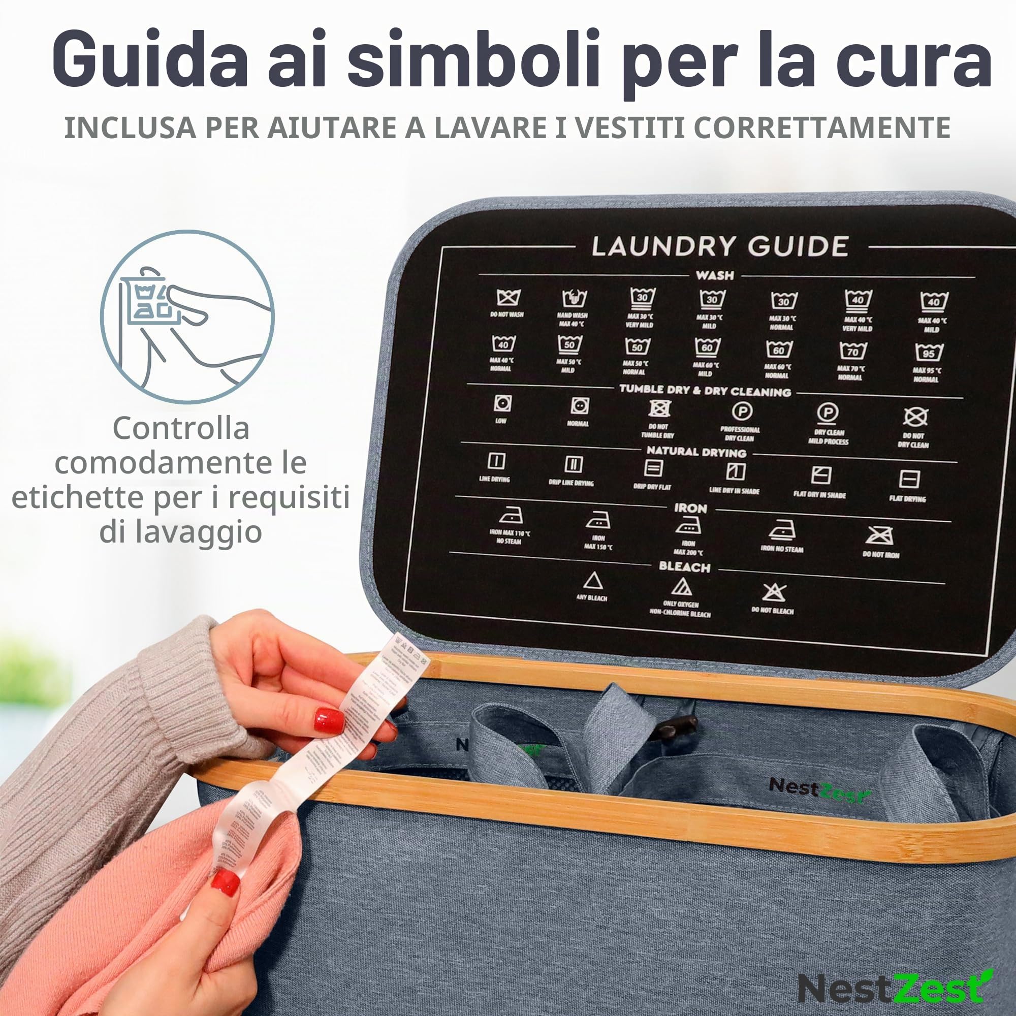 Nest Zest - Cesto portabiancheria doppio da 100L con coperchio, 2 scomparti per ordinare il bucato, cesto portabiancheria con guida per la cura e 2 sacchetti interni rimovibili, cesto per vestiti