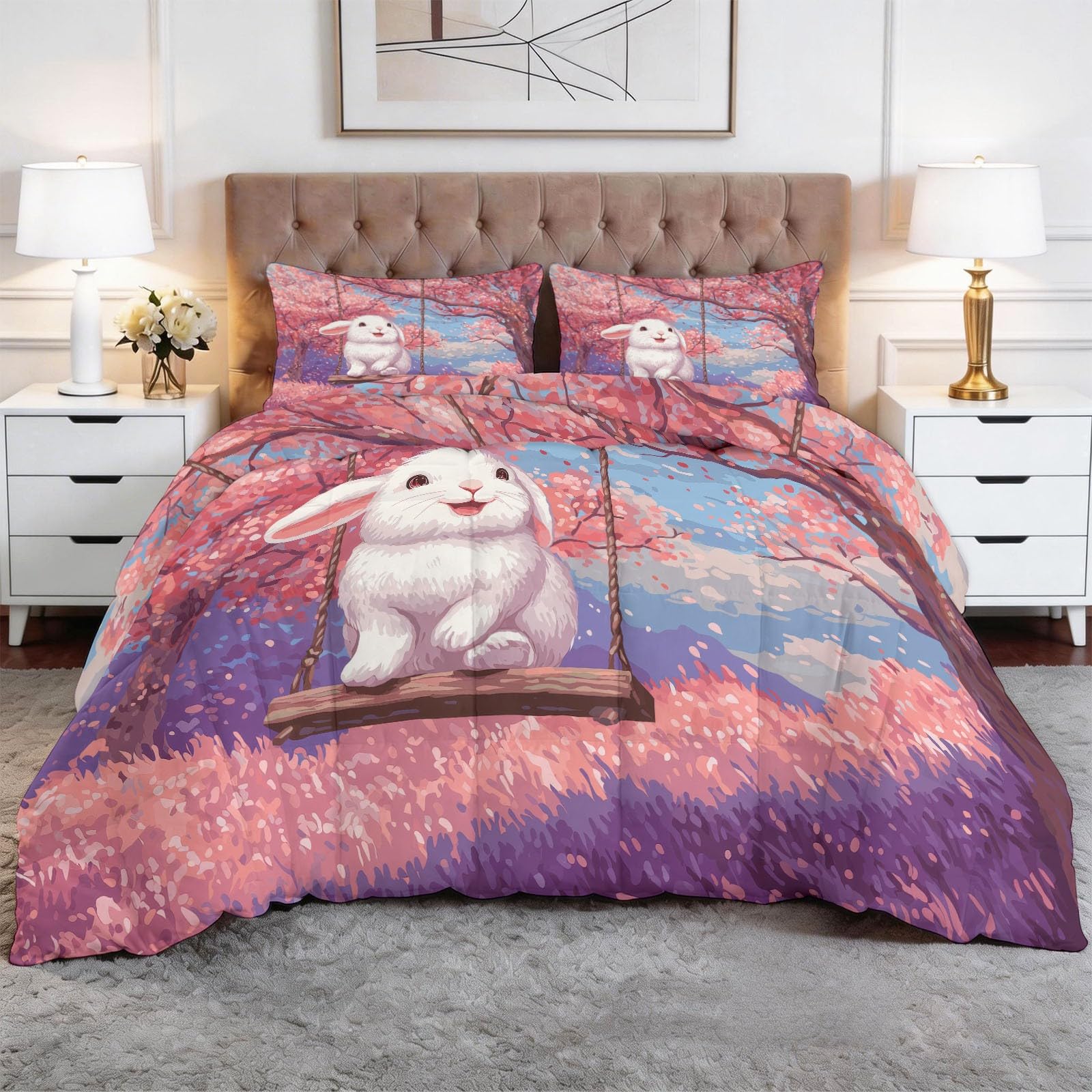 Tier Schaukel Weißes Kaninchen Kirschblütenbaum Bettdecke 135 x 200 cm 4 Jahreszeiten Steppdecke, Anime-Stil Waschbare Kinder Kleines Mädchen Bettwaren Set Kinderzimmer Babyzimmer Bettdecke Ohne Bezug