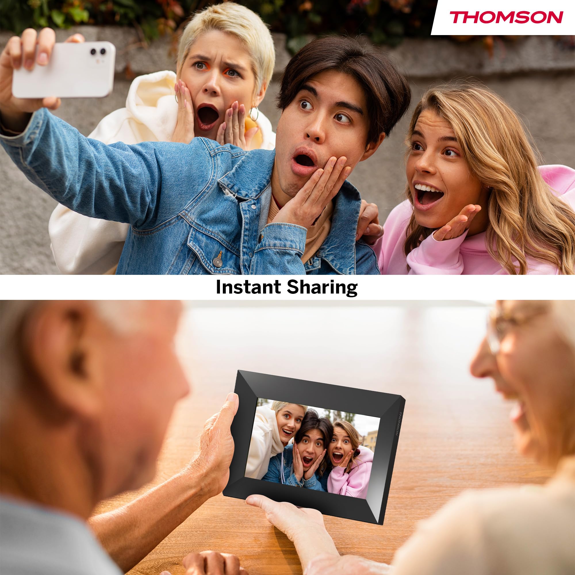 Thomson Digitaler Bilderrahmen 7 Zoll, IPS-Bildschirm, HD-Touchscreen, WLAN, Direktes Teilen über iOS/Android App, Smart-Funktionen, Elektronischer Fotorahmen mit 32 GB Speicher, Automatische Drehung