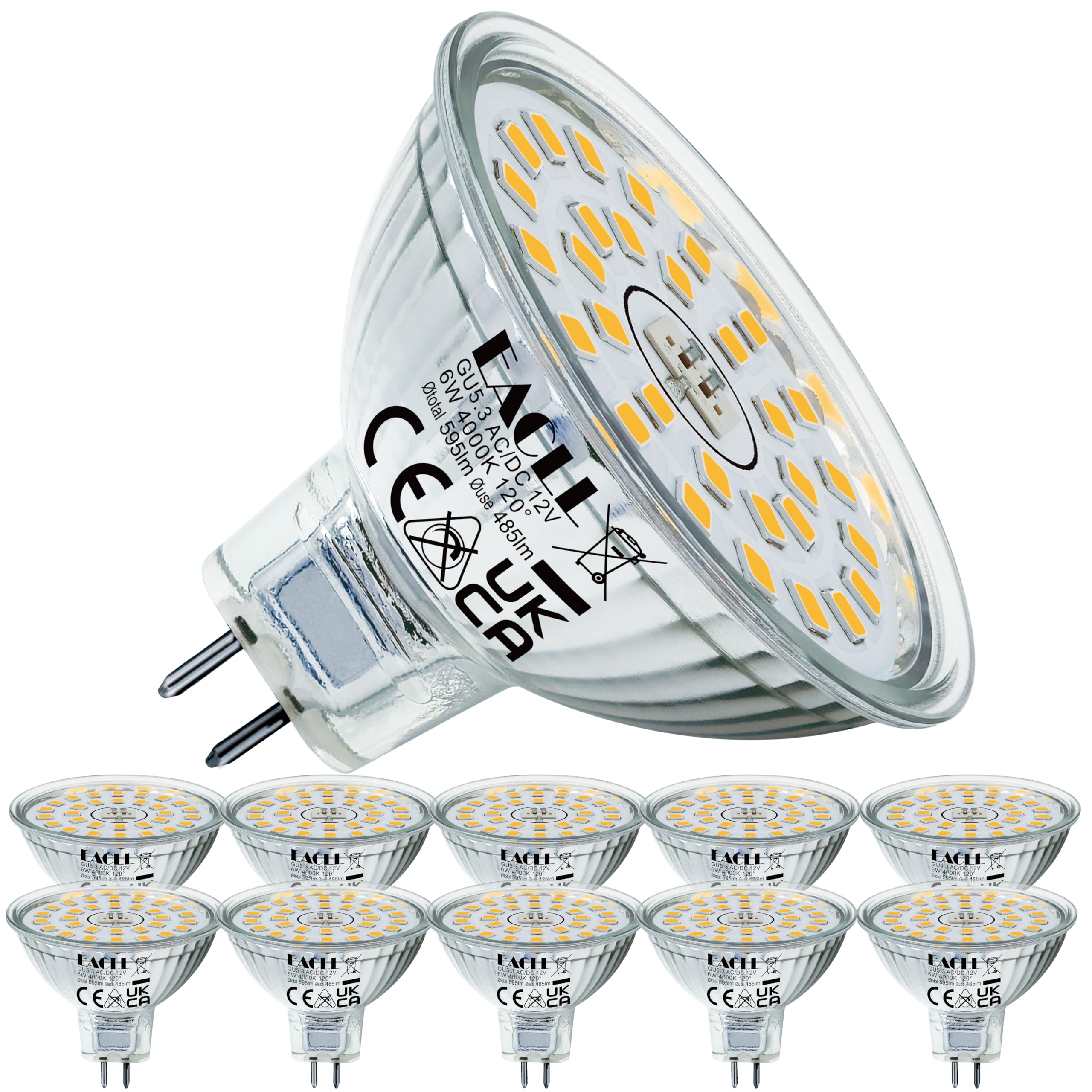 EACLL GU5.3 LED 6W/6.5W Ersetzt 50W/55W/60W Halogen MR16 Glühbirne Leuchtmittel, AC/DC 12V Flimmerfrei Strahler, Abstrahlwinkel 120 Grad Spot, Nicht Dimmbar Reflektorlampen