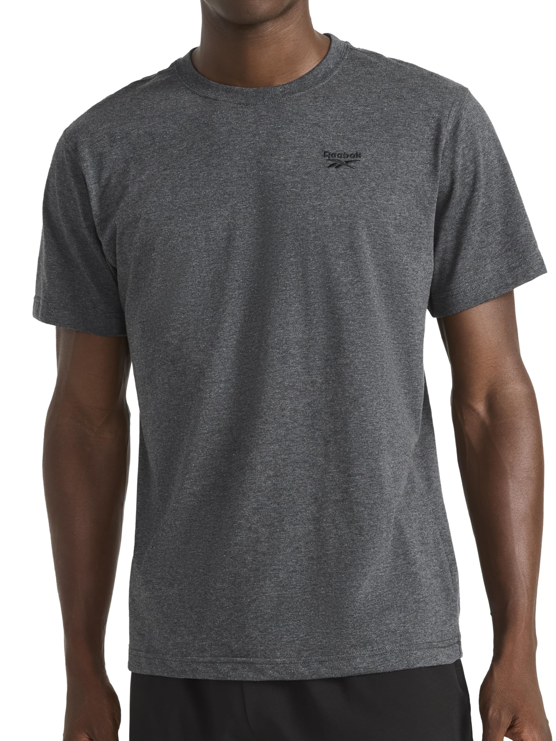 Reebok Men's Charcoal Heather Apparel Embroidery Short Sleeve Crewneck T-Shirt, Standard Fit, Lightweight Cotton-Poly Fabric, Medium
