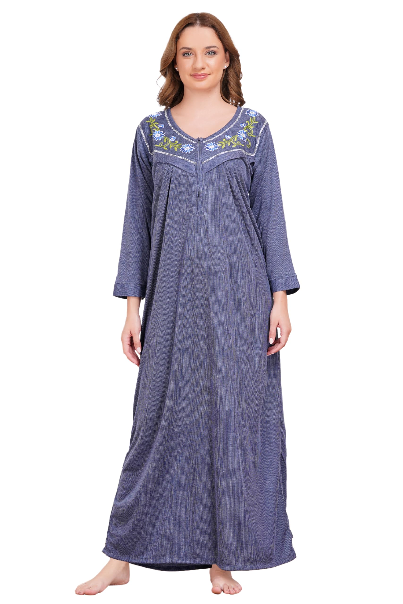 Maternity Hosiery Full Length Gown with Full Sleeve, Blue Floral Embroidered Neckline, Long Nightdress-image-6