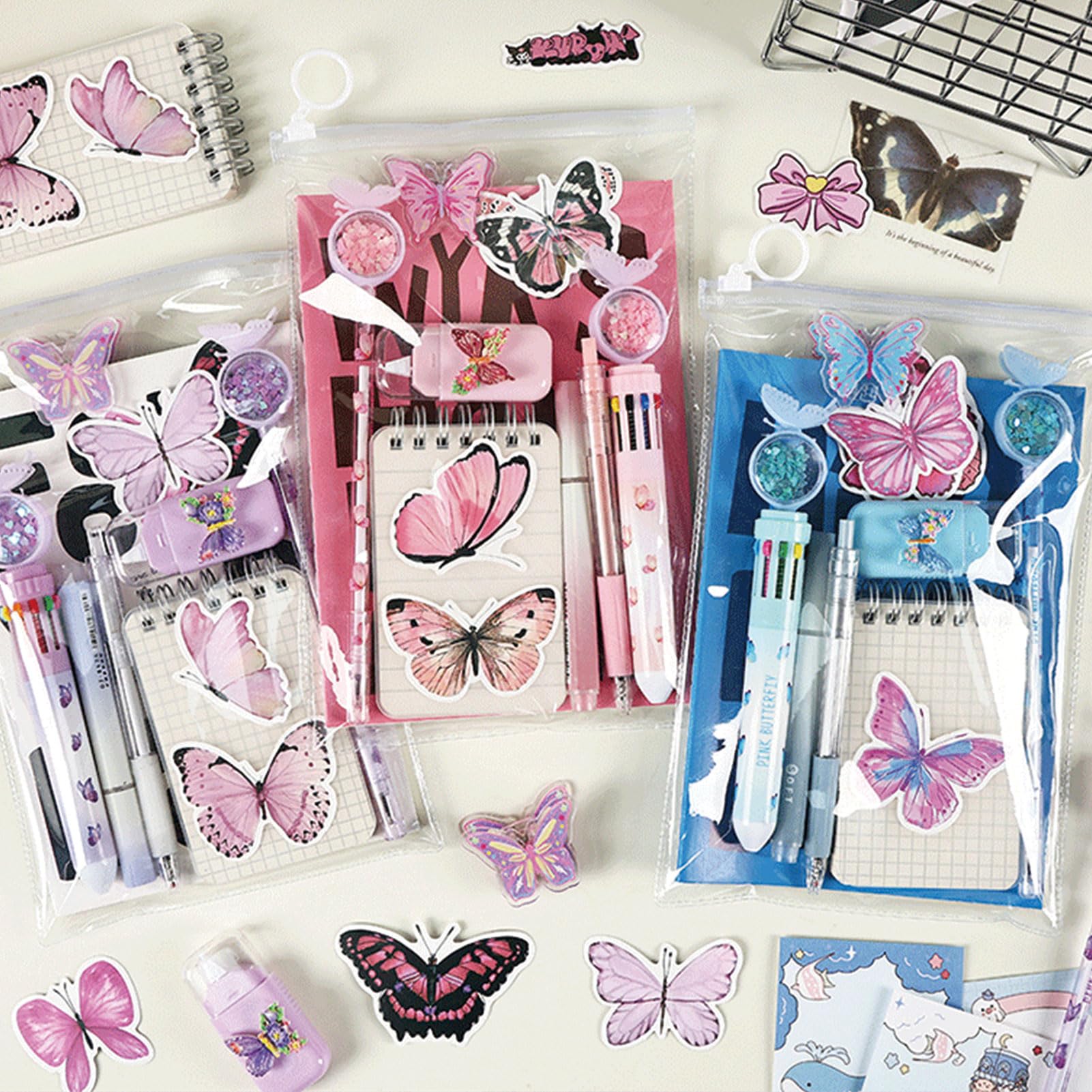 MOZXIRZ Zestaw przyborów piśmienniczych z uroczym motylem dla dziewcząt, chłopców, dzieci, kobiet, powrót do szkoły, artykuły biurowe, kawaii, artykuły pa, prezent, motyl, różowy, 9 szt