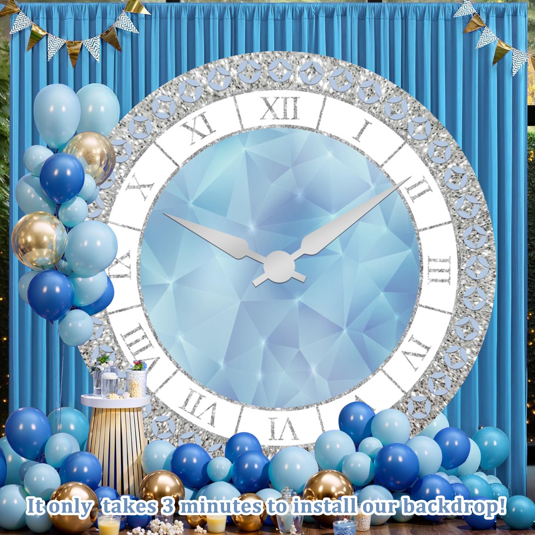 Renaiss Toile de fond ronde en tissu pour photographie d'anniversaire, fête du Nouvel An, 2 x 2 m, bleu argenté