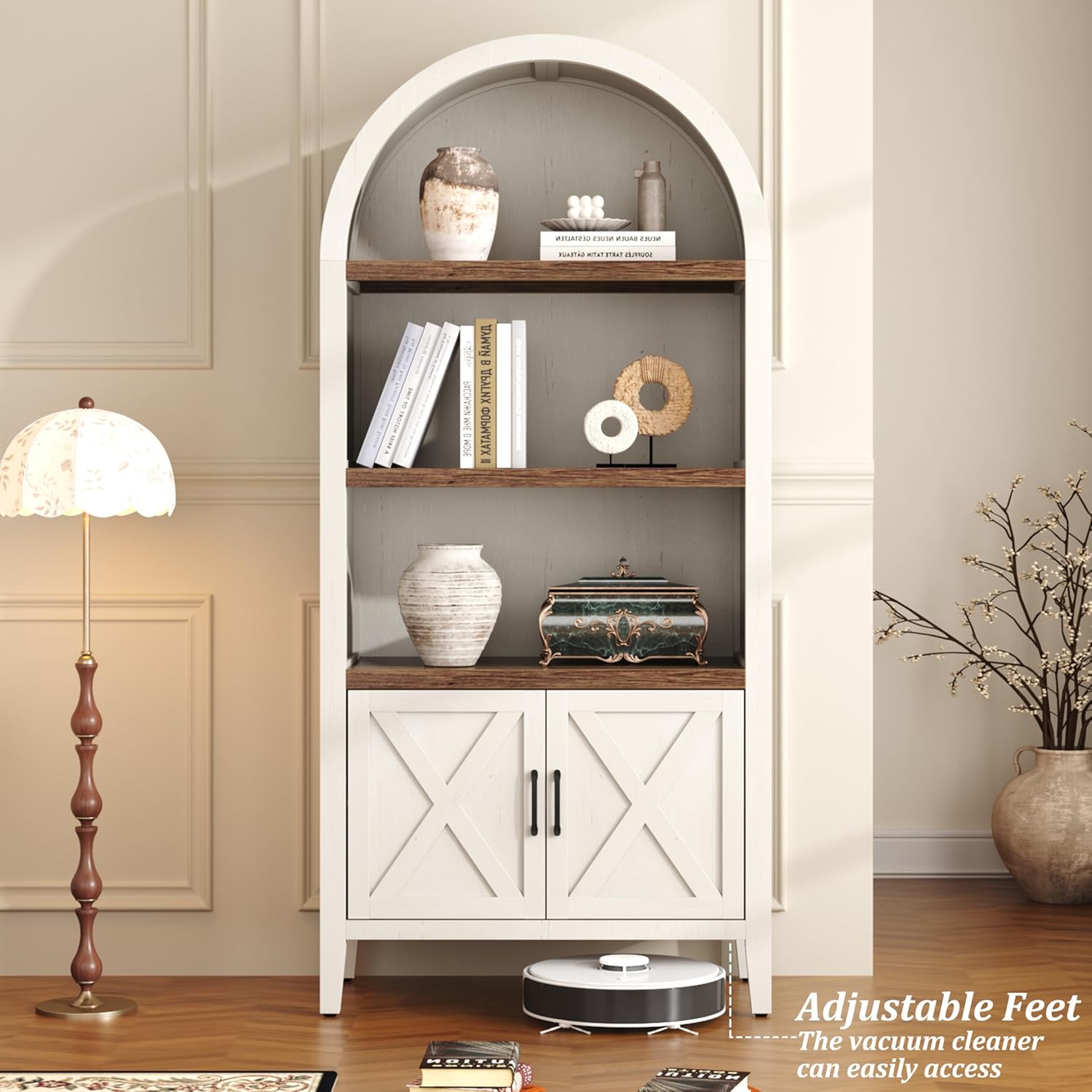 Yusong 71" Tall Arched Bookcase, 5-Tier Arched Bookshelf, Arch Cabinet Display Cabinet with Doors and Adjustable Shelf, Modern Farmhouse Kitchen Pantry for Living Room Bedroom, White