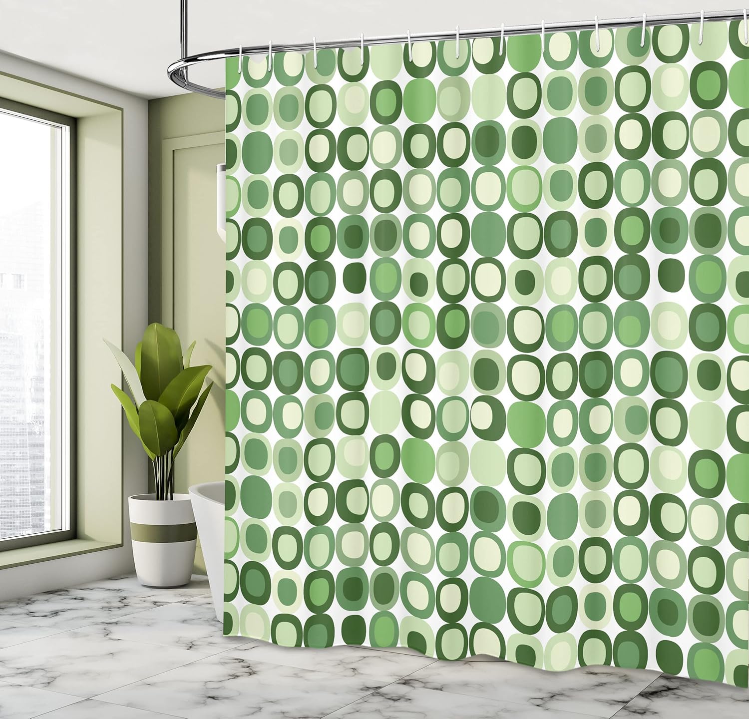 Ambesonne Mid Century Shower Curtain, Retro-Themed Styled Round Edged Mosaic Inspired Repeated Square Motif, Cloth Fabric Bathroom Decor Set with Hooks, 69" W x 84" L, Pistachio Green